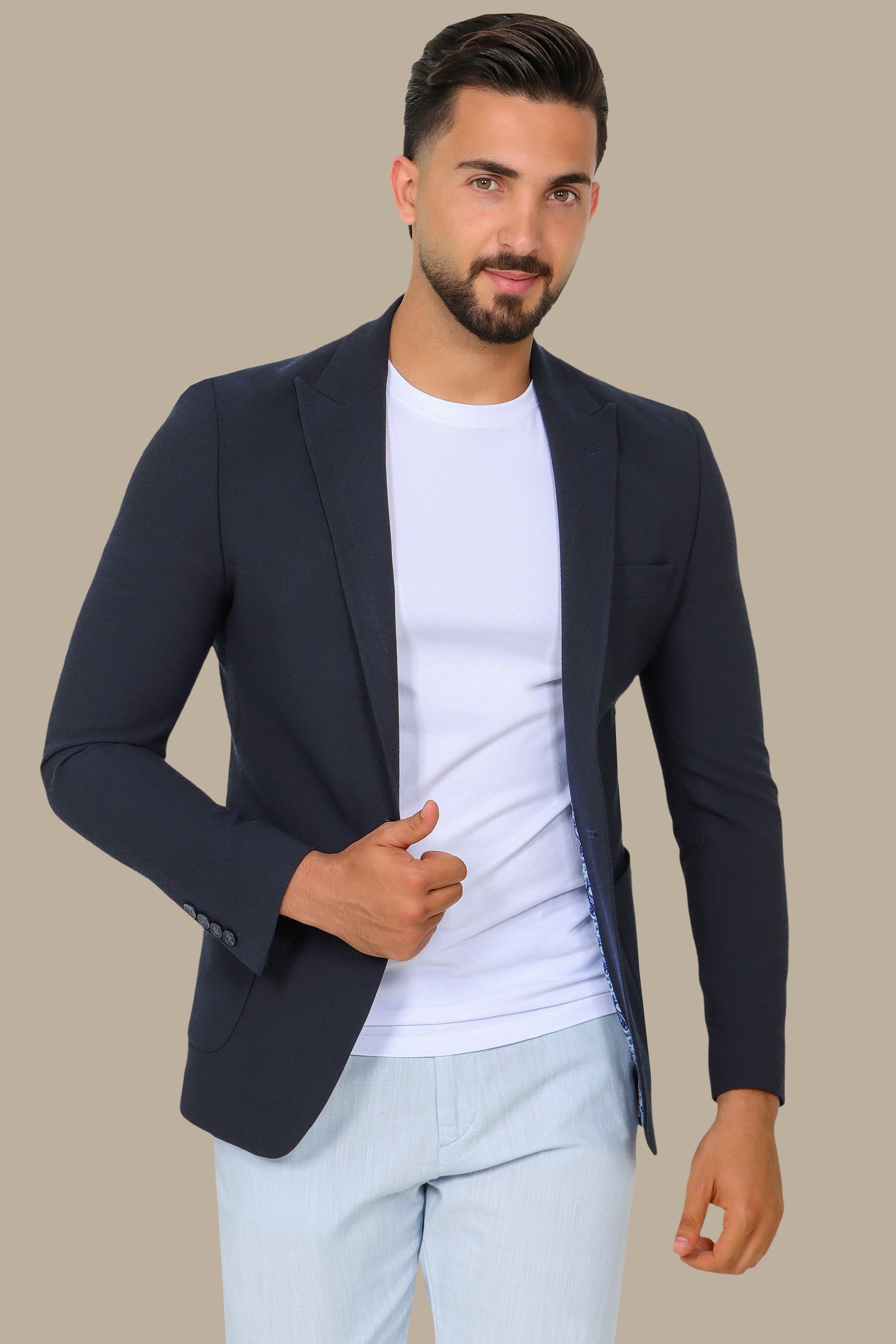 Navy Blazer Piquet with Peak Lapel