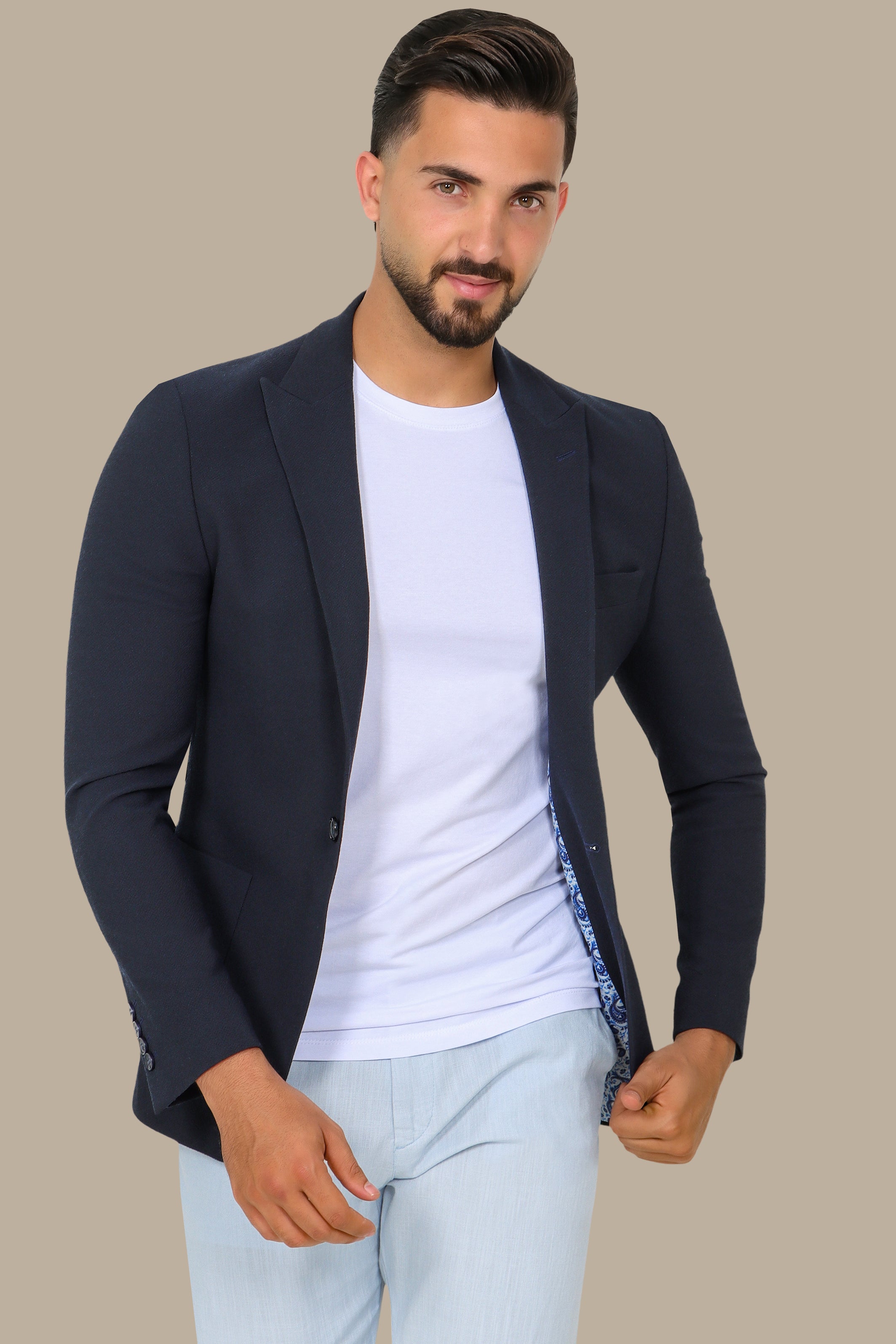 Navy Blazer Piquet with Peak Lapel