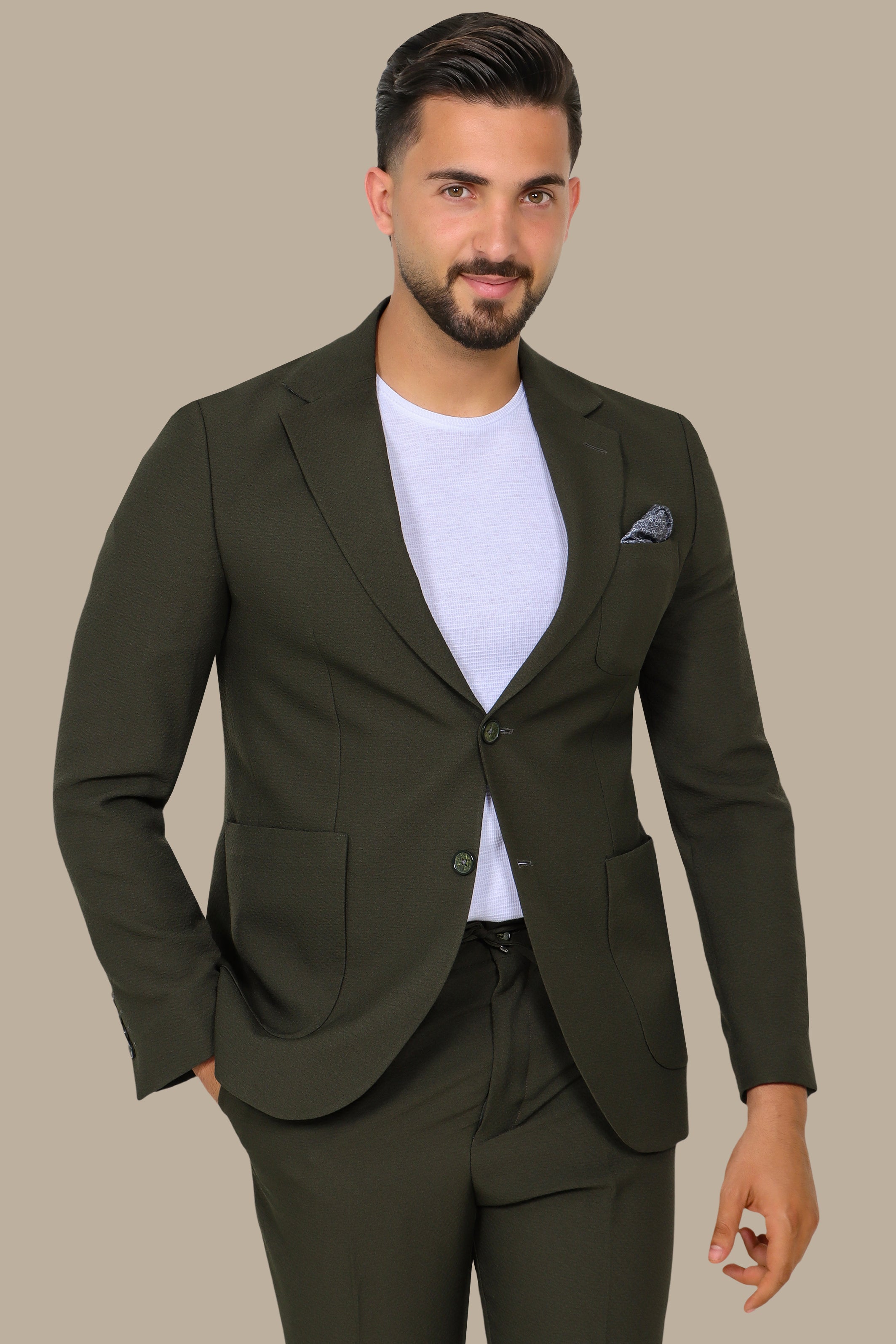 Olive Notch Lapel Travel Suit – 2-Piece