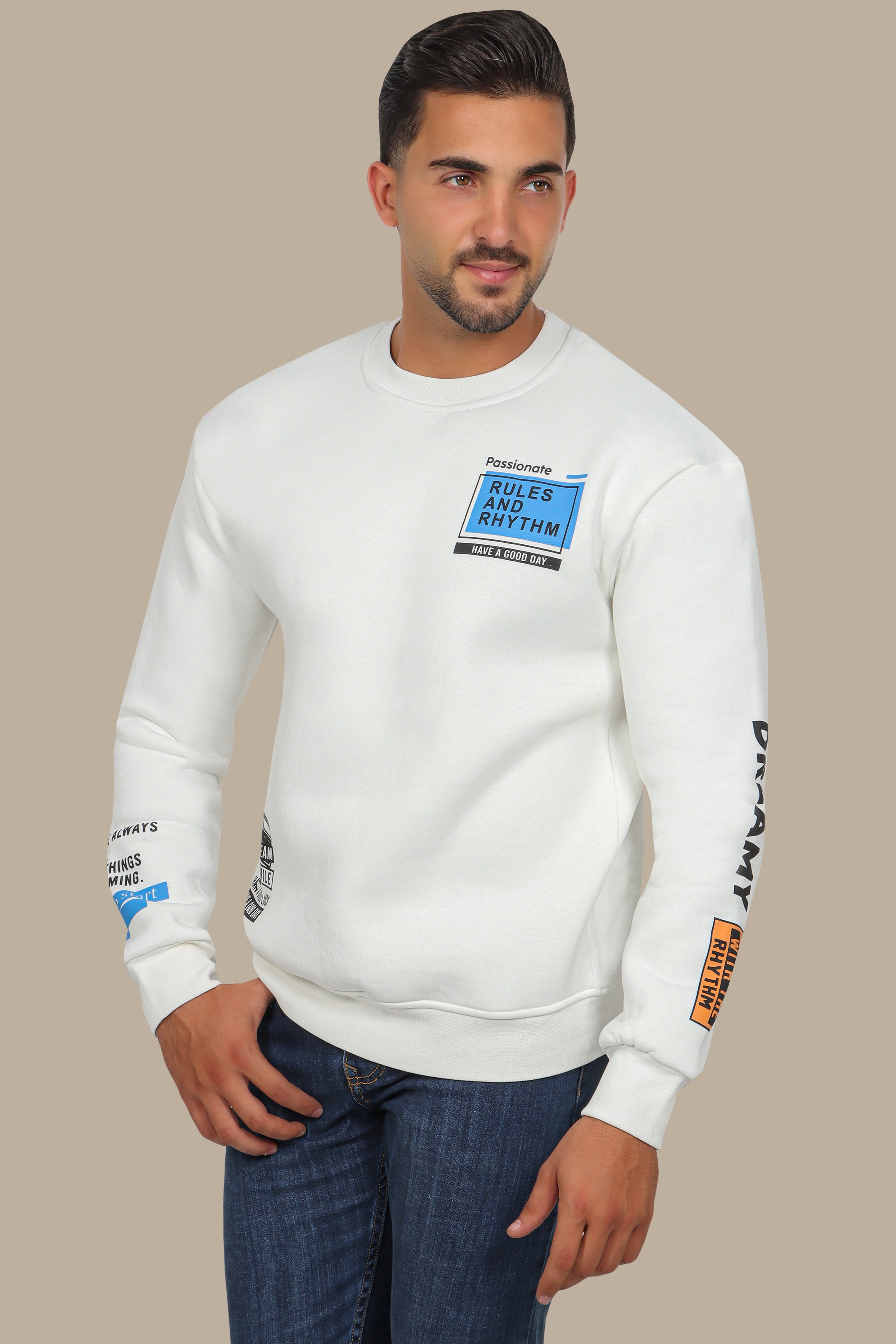 White Sweatshirt with Double Square Quote Design