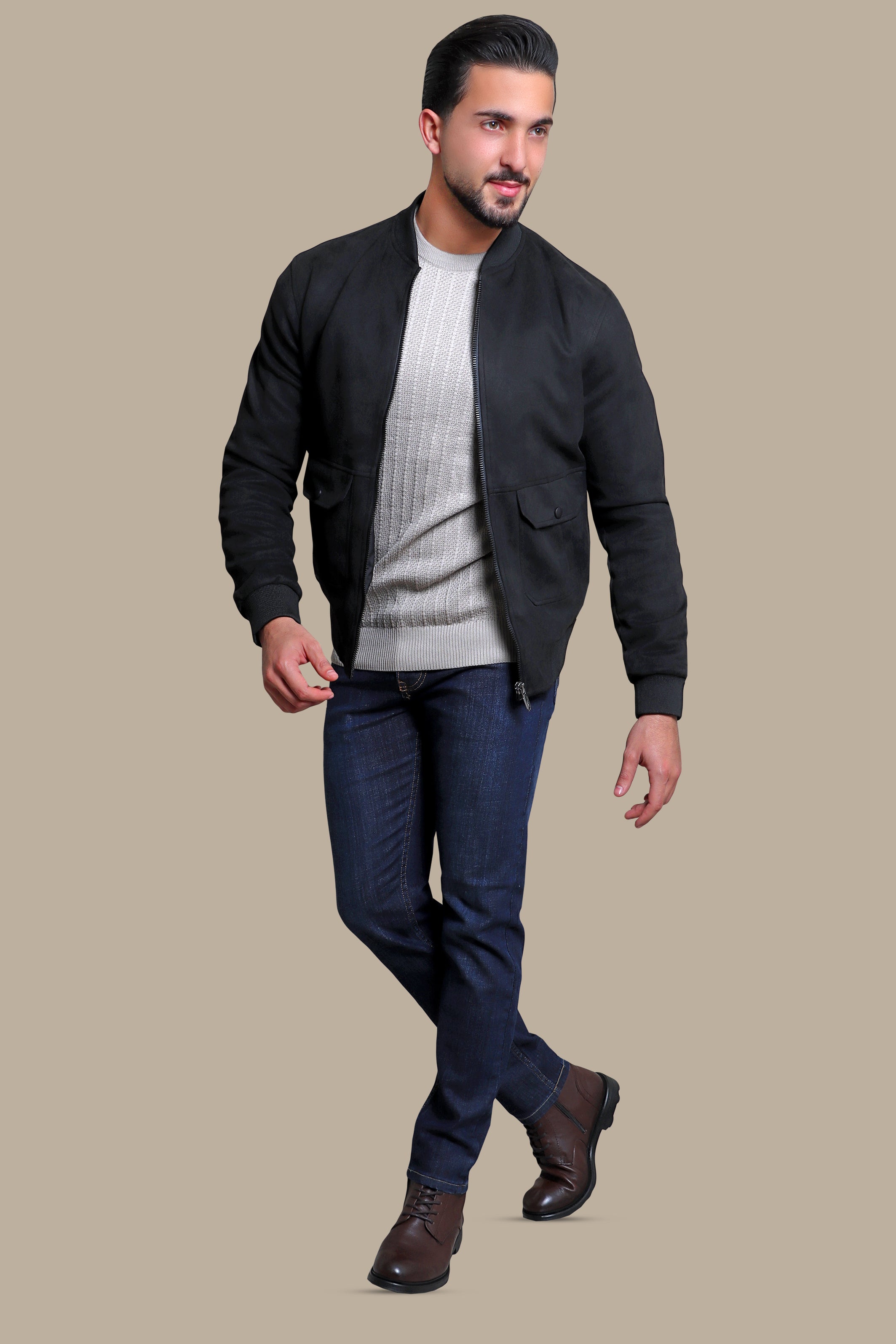 Faux Suede Blouson Jacket with Mao Collar
