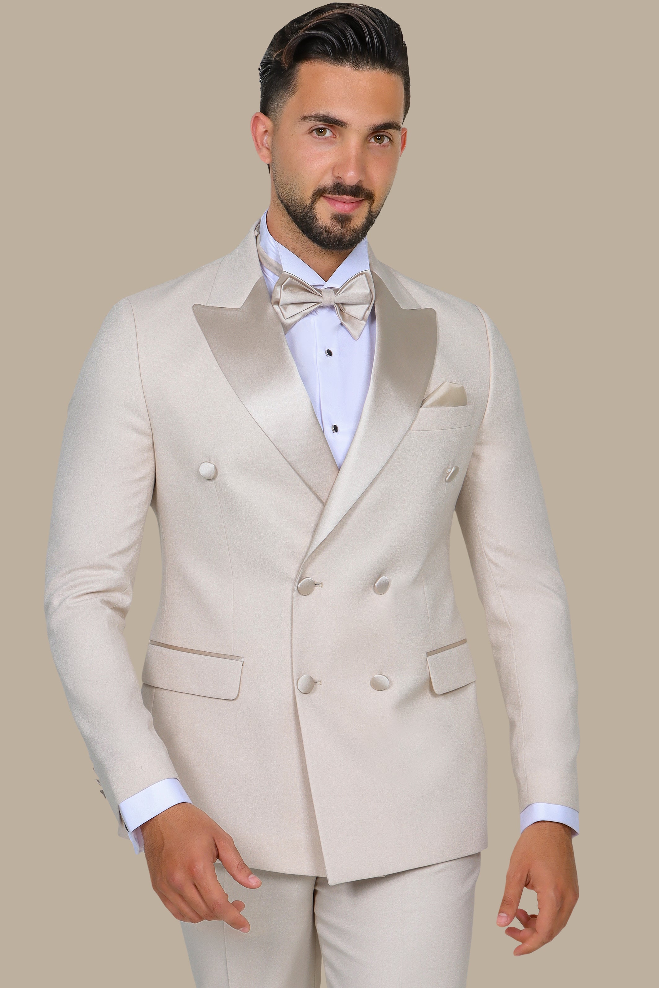 Beige Double Breasted Peak Lapel Tuxedo