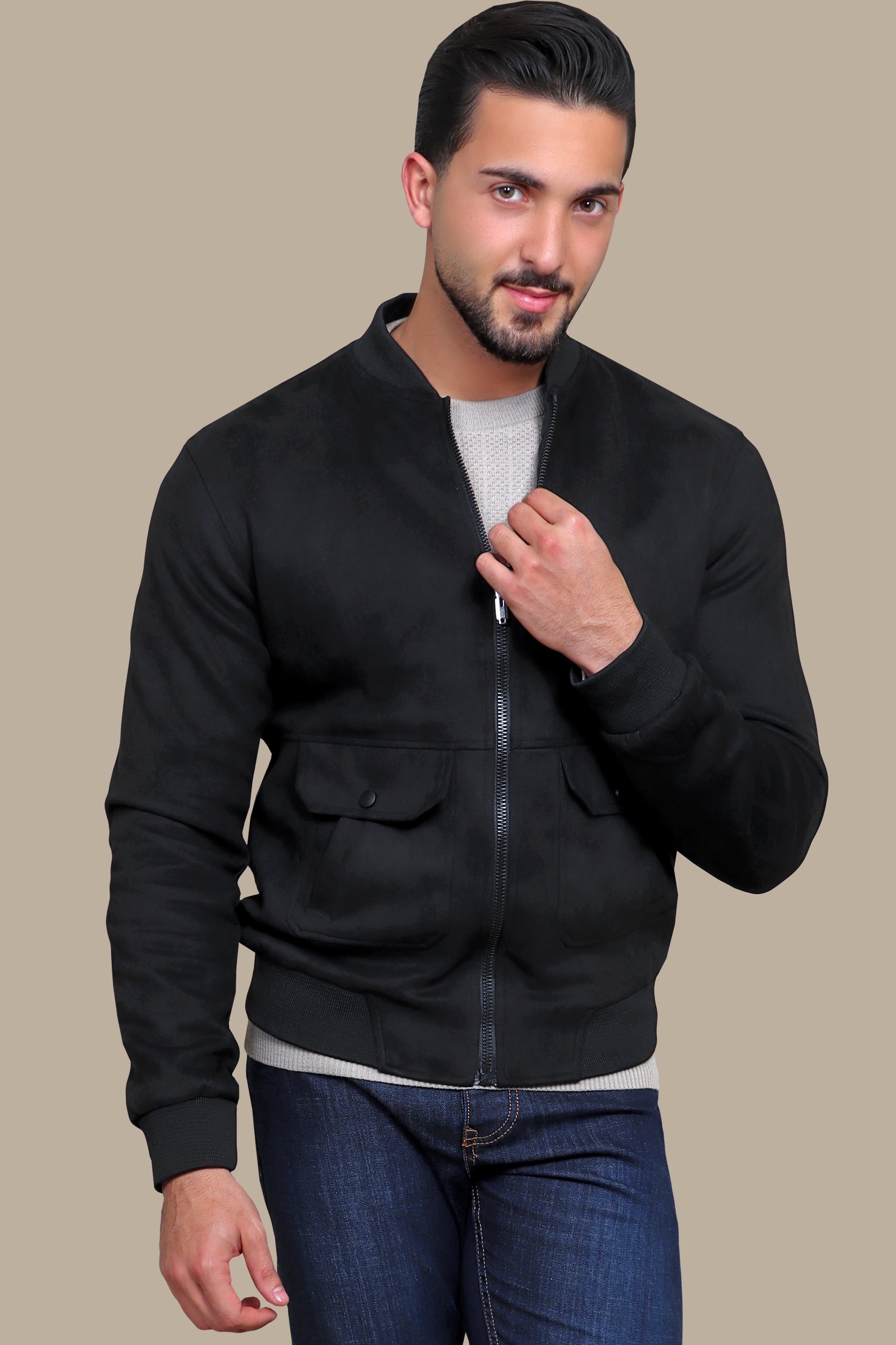 Faux Suede Blouson Jacket with Mao Collar
