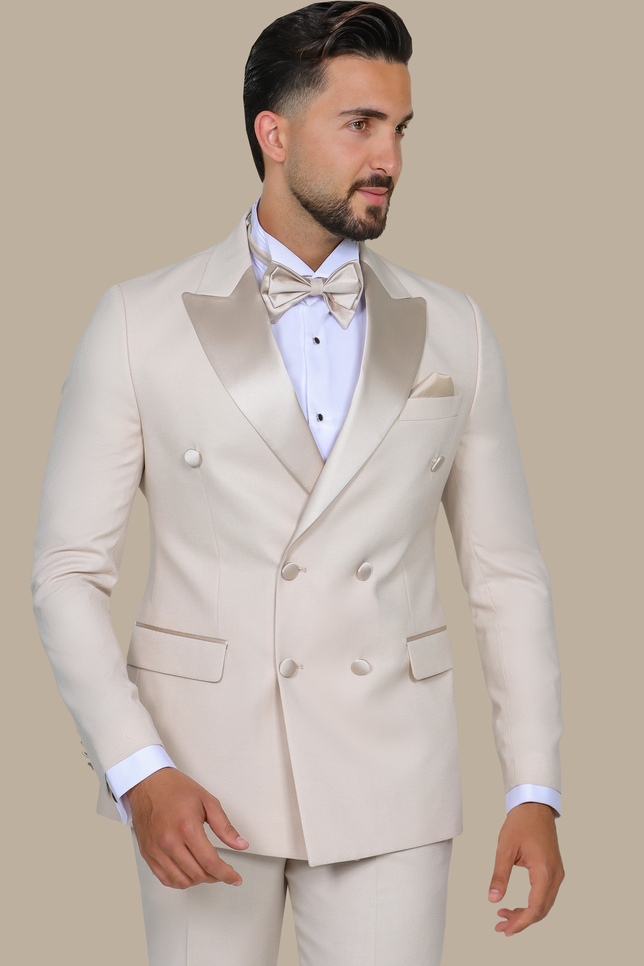 Beige Double Breasted Peak Lapel Tuxedo
