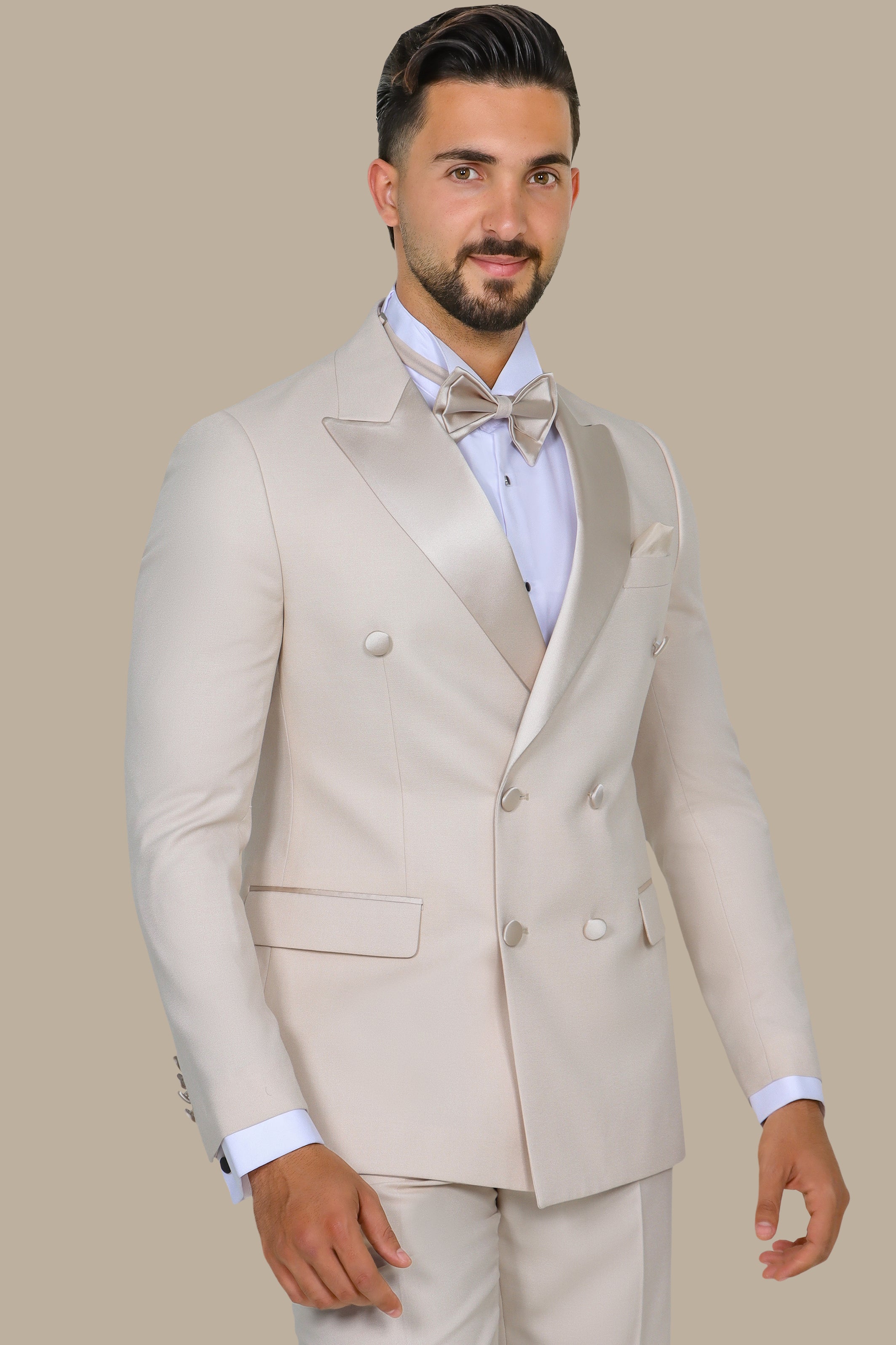 Beige Double Breasted Peak Lapel Tuxedo