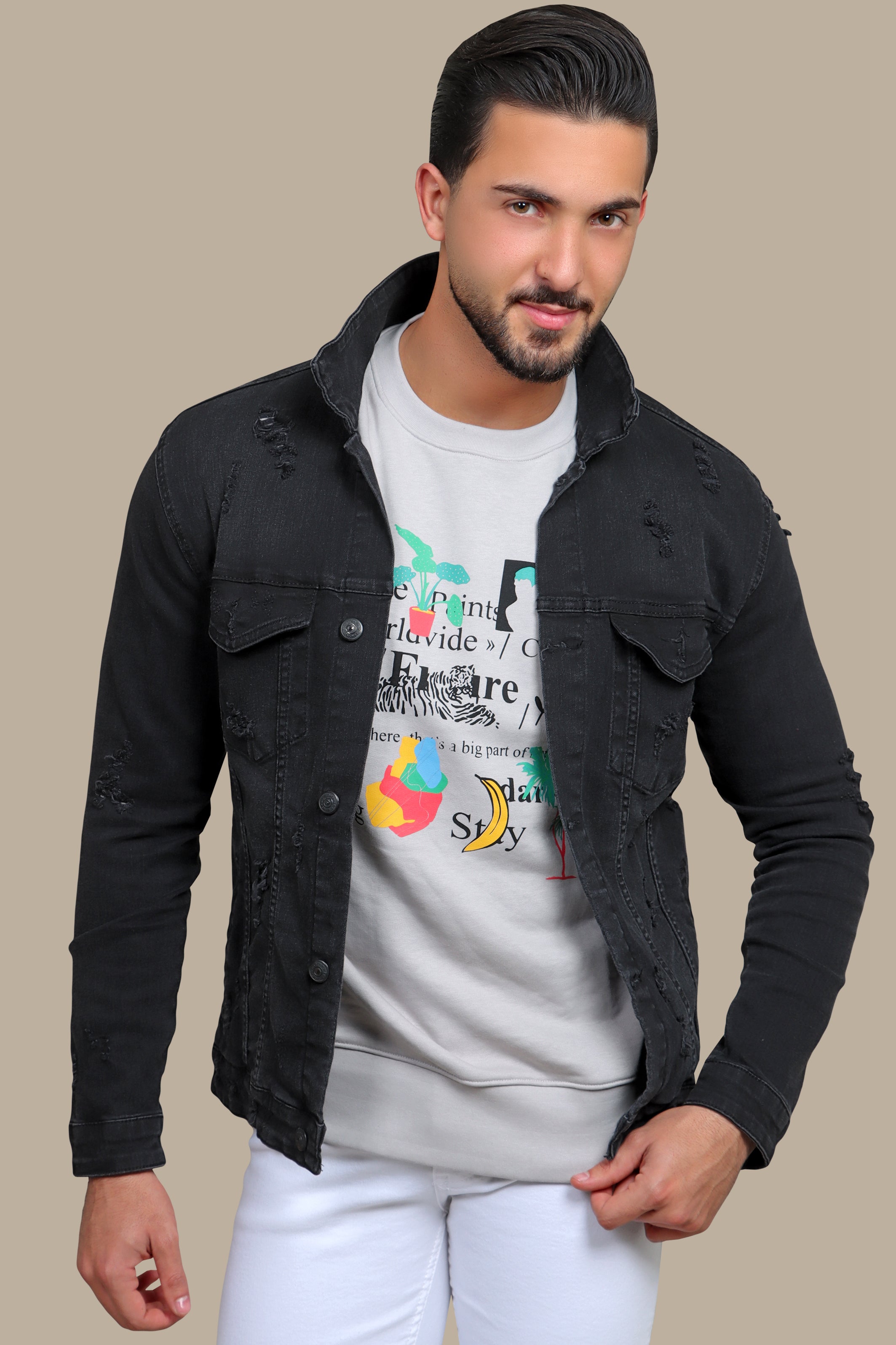 Urban Edge Unleashed: Black Ripped Denim Jacket for Raw Rebellion
