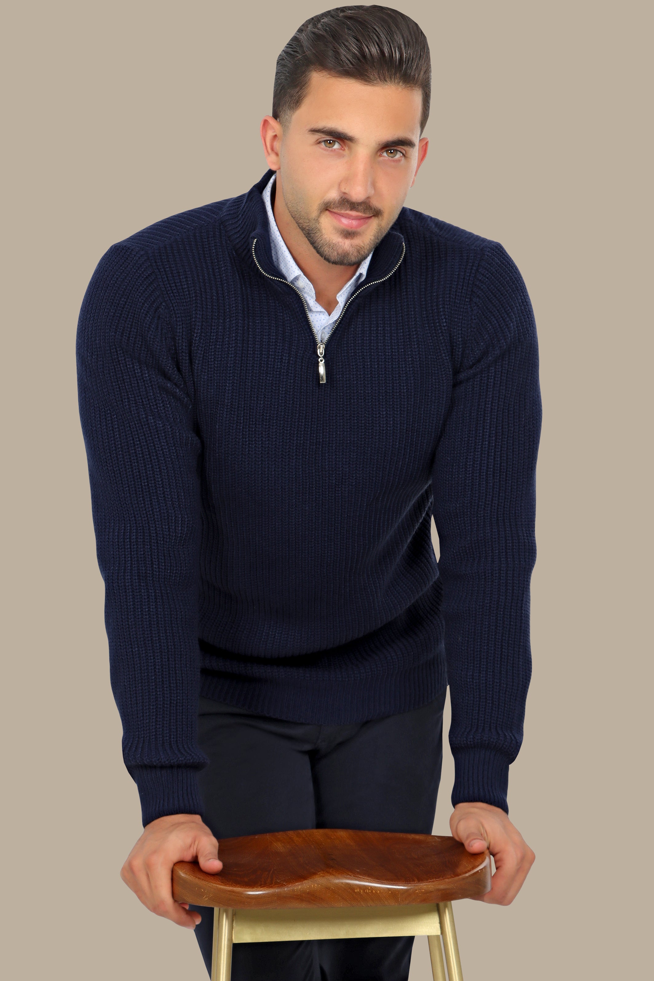Navy Half-Zipper Plain Mercerized Sweater