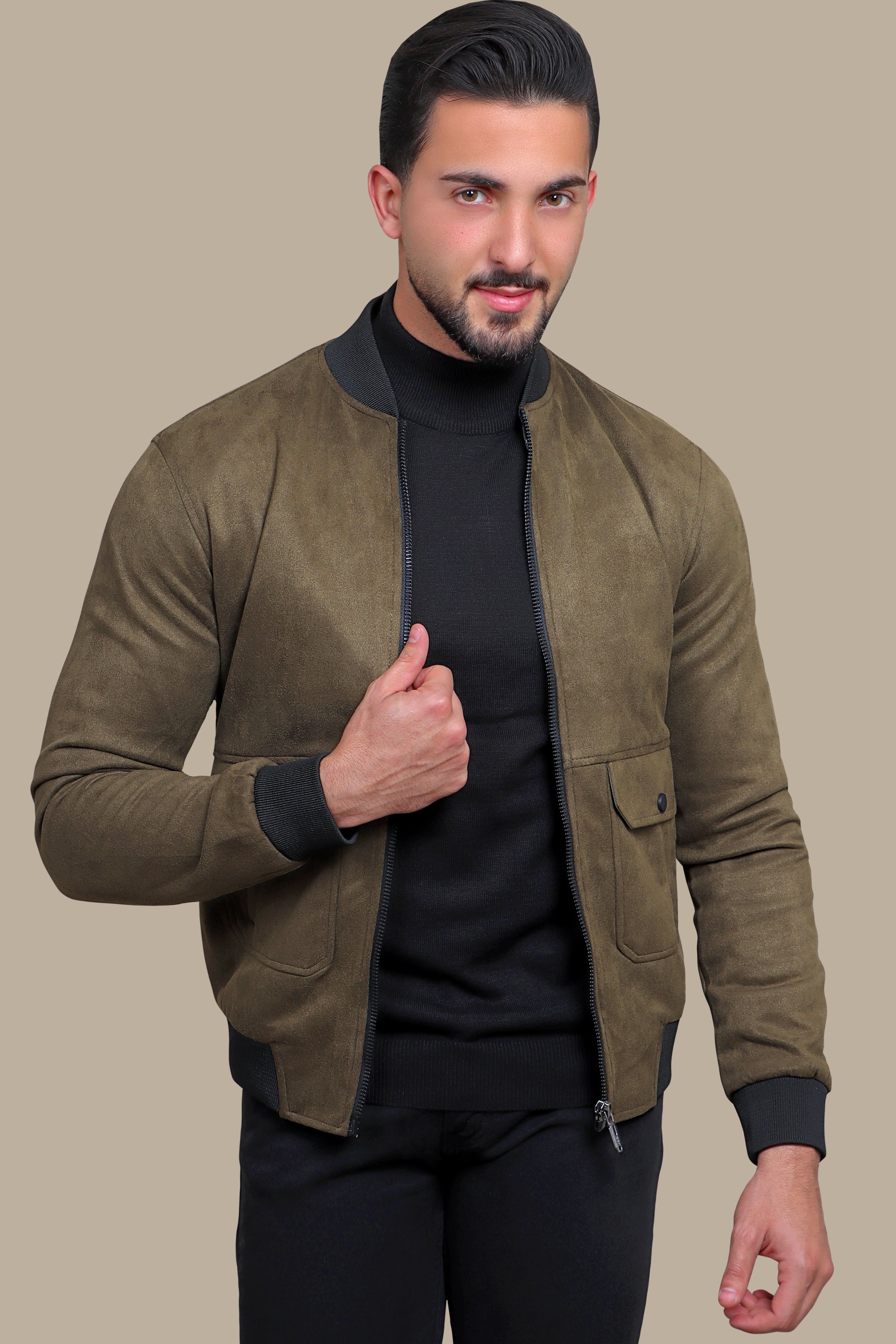 Olive Elegance: Col Mao Blouson Jacket