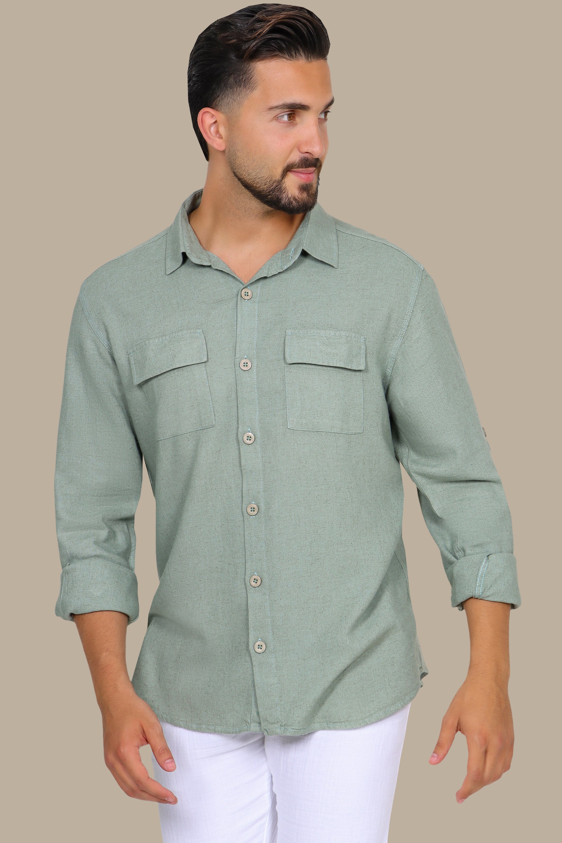 Olive Linen Shirt with Flap Pockets