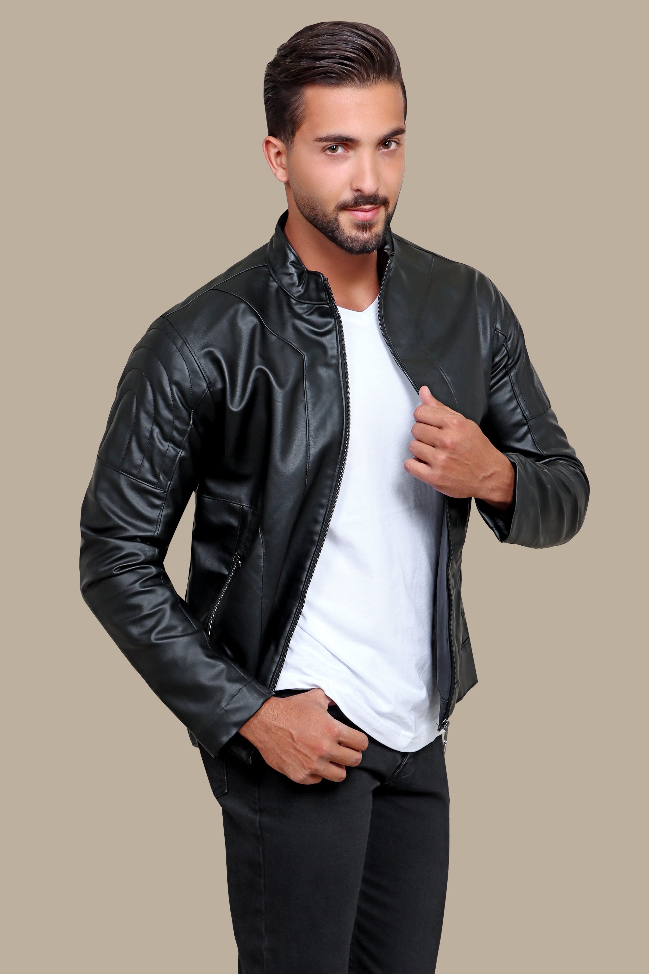 Black Faux Leather Mao Jacket with Dual Zipper Accents