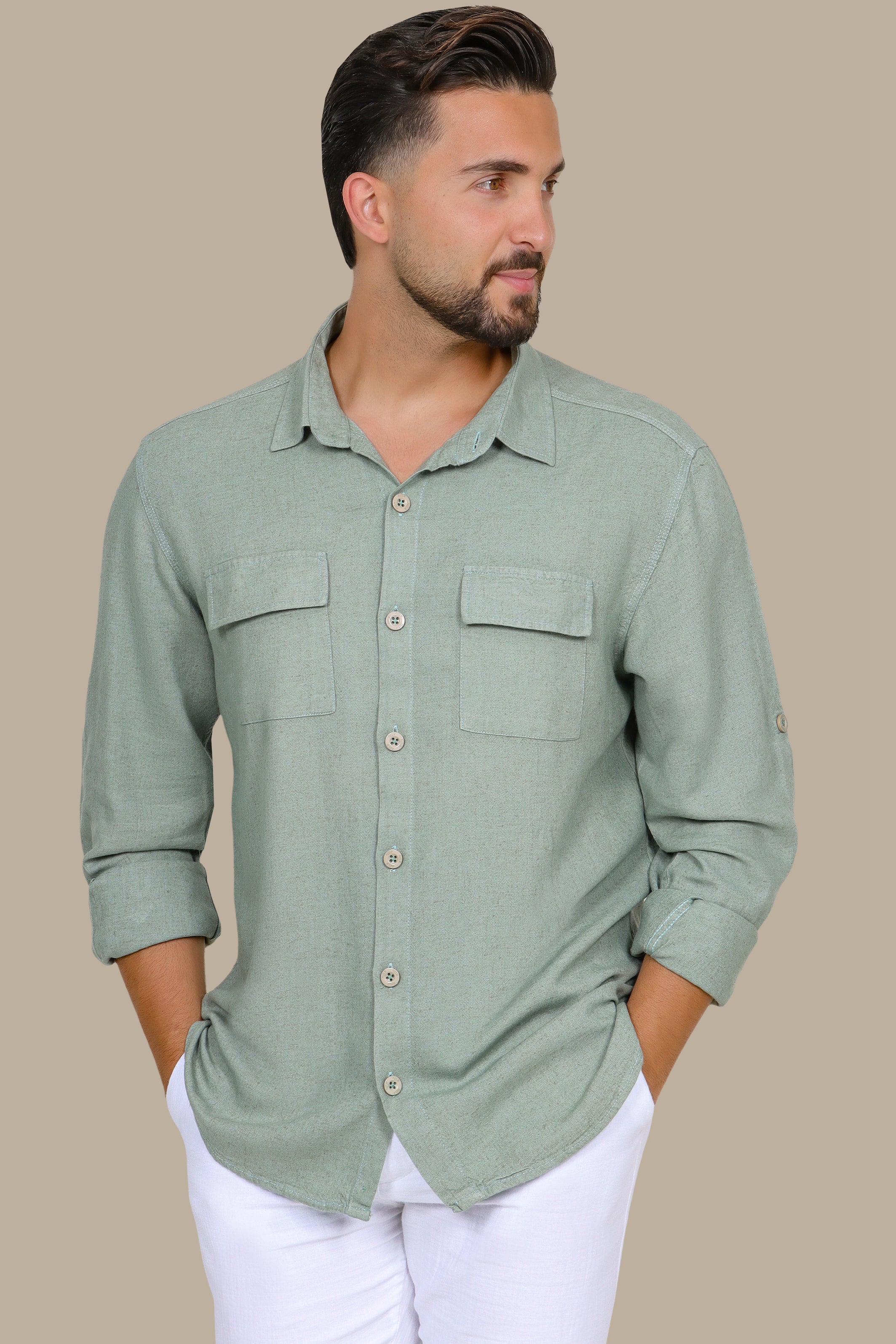 Olive Linen Shirt with Flap Pockets