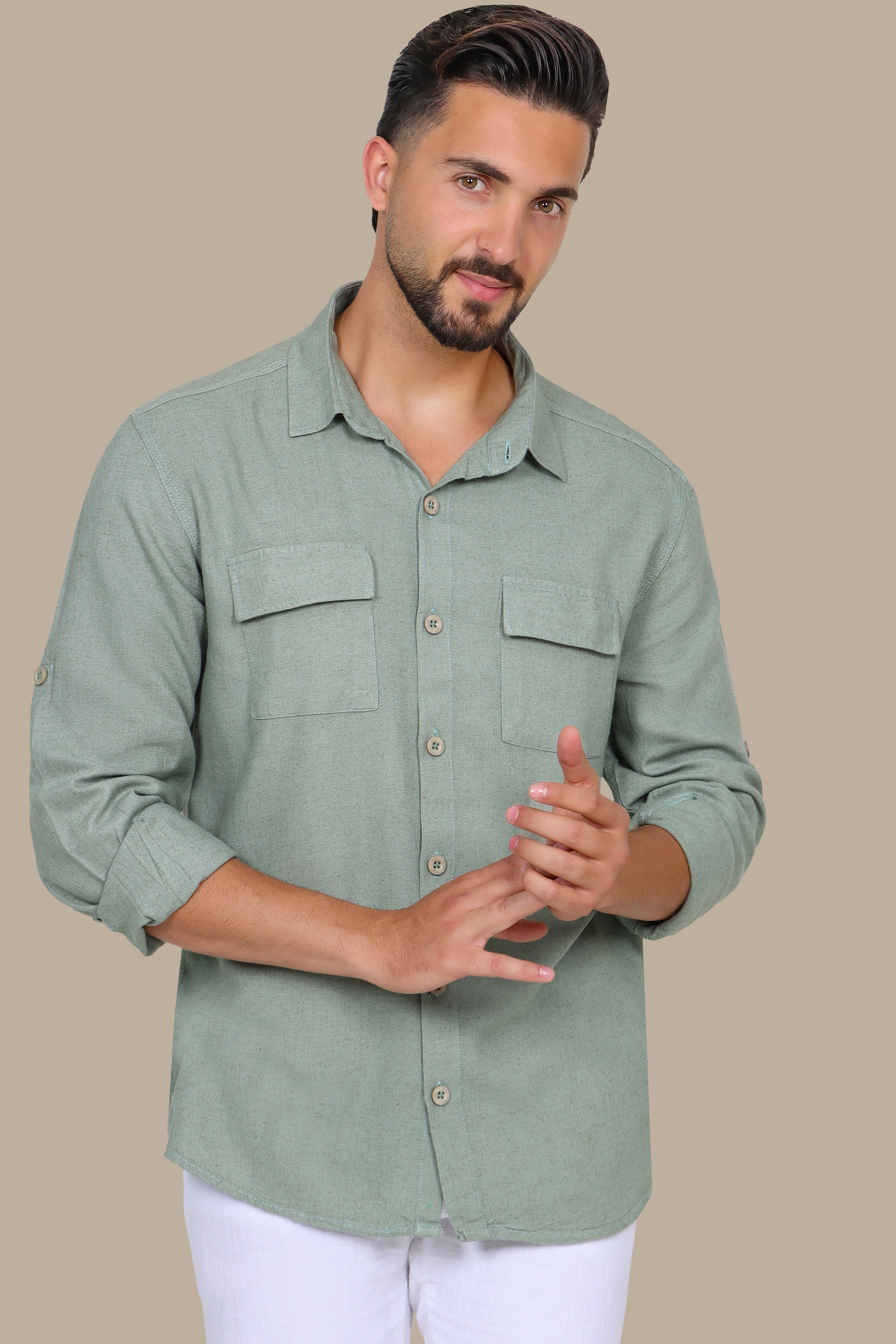Olive Linen Shirt with Flap Pockets