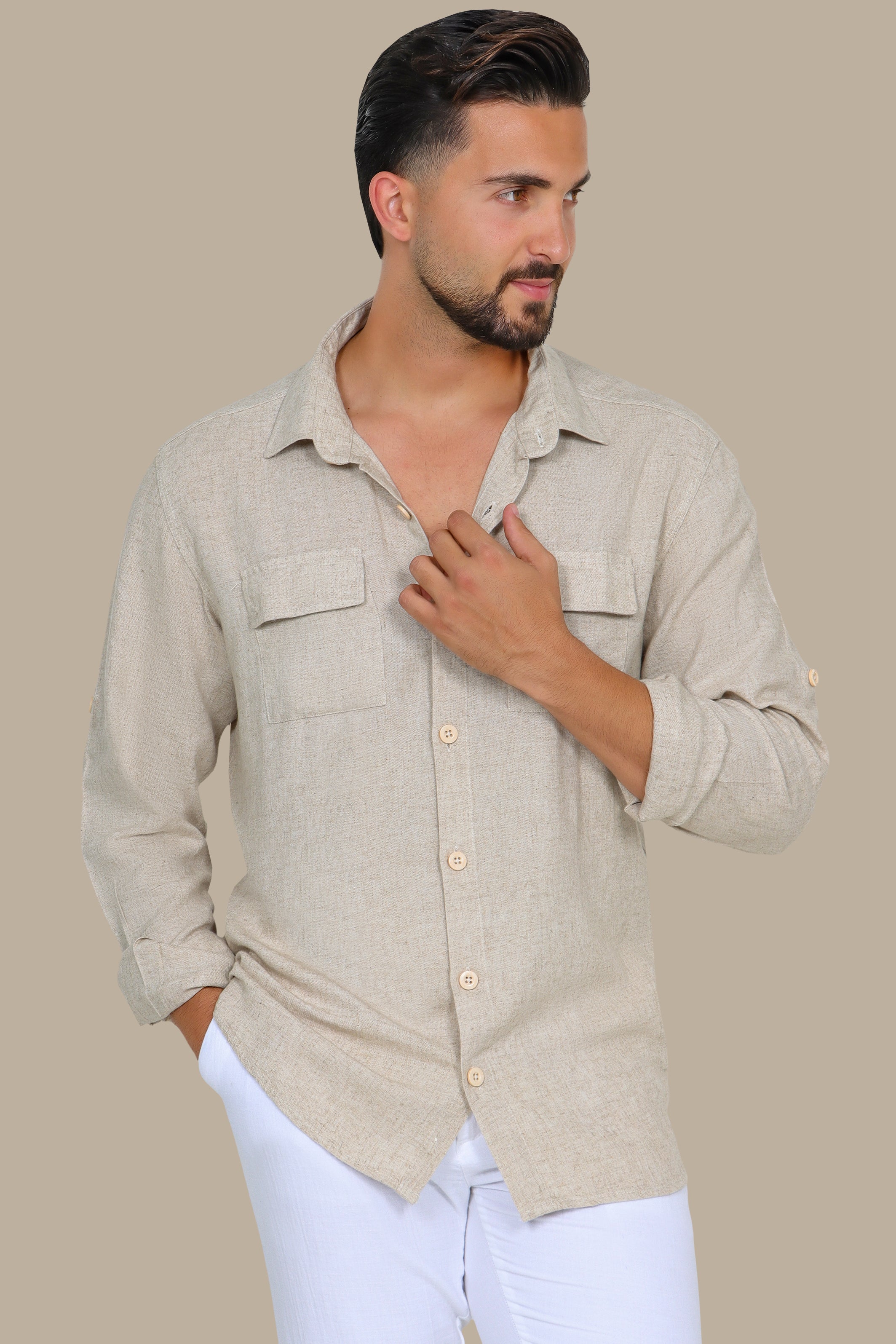 Classic Beige Linen Shirt with Flap Pockets