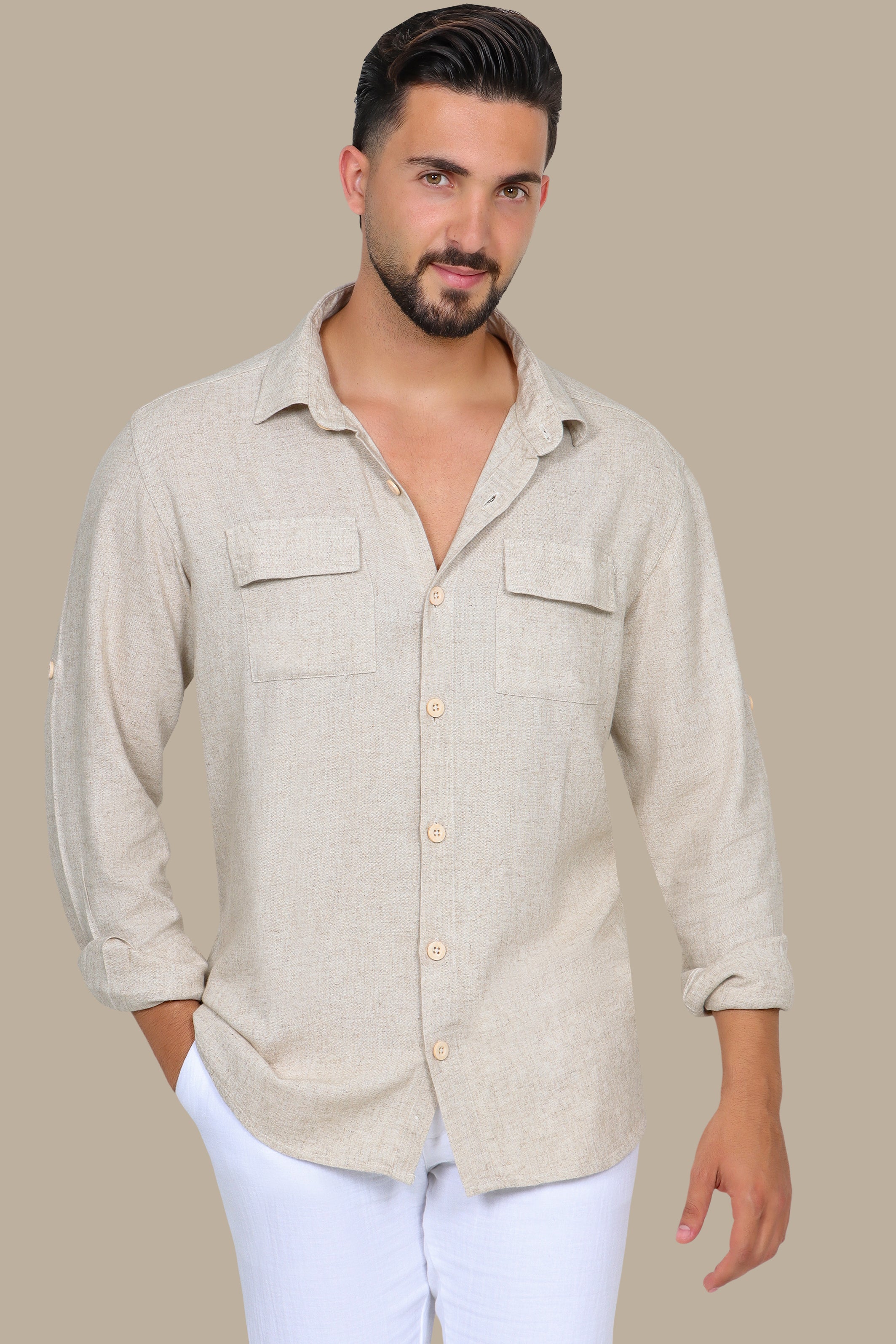 Classic Beige Linen Shirt with Flap Pockets