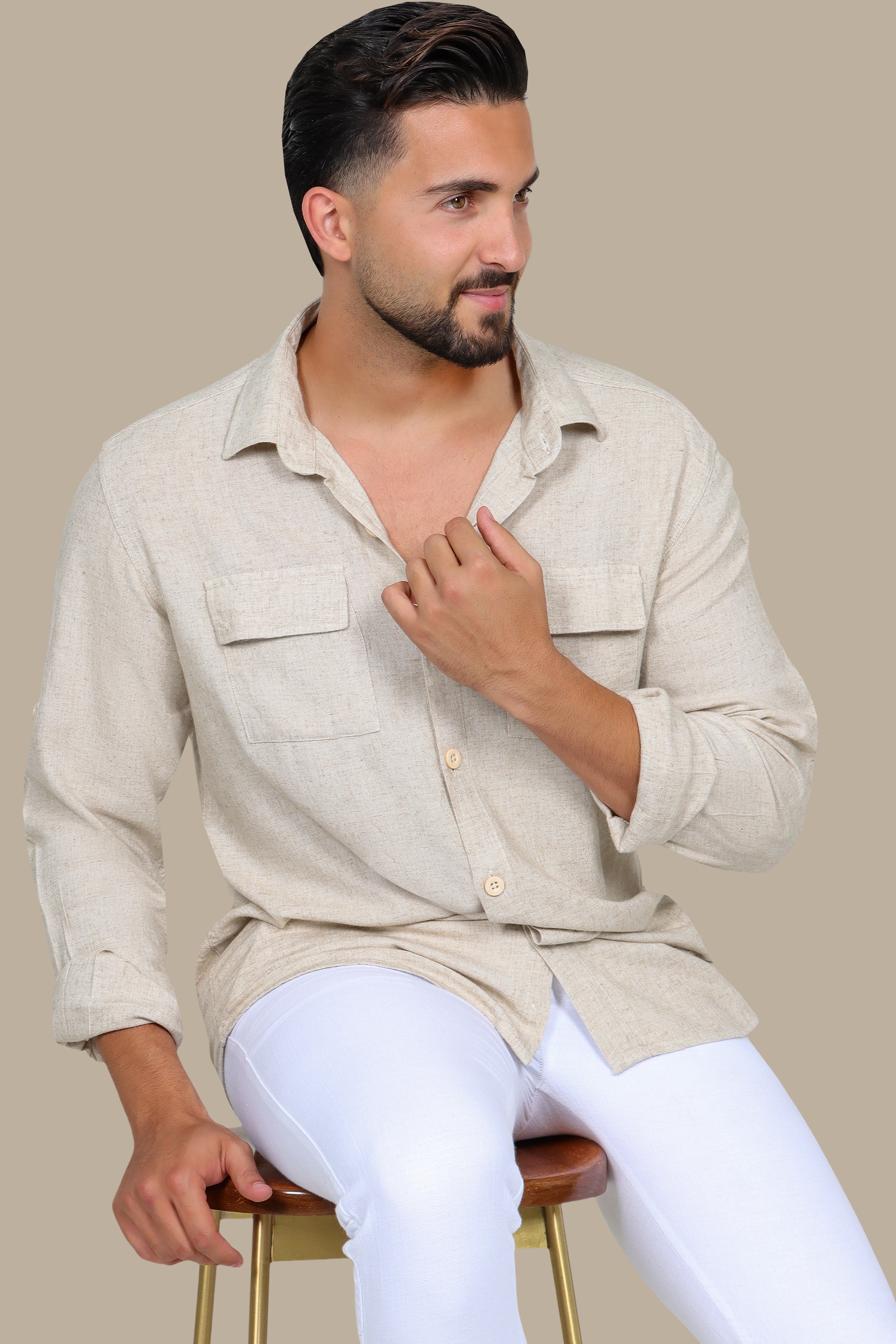 Classic Beige Linen Shirt with Flap Pockets