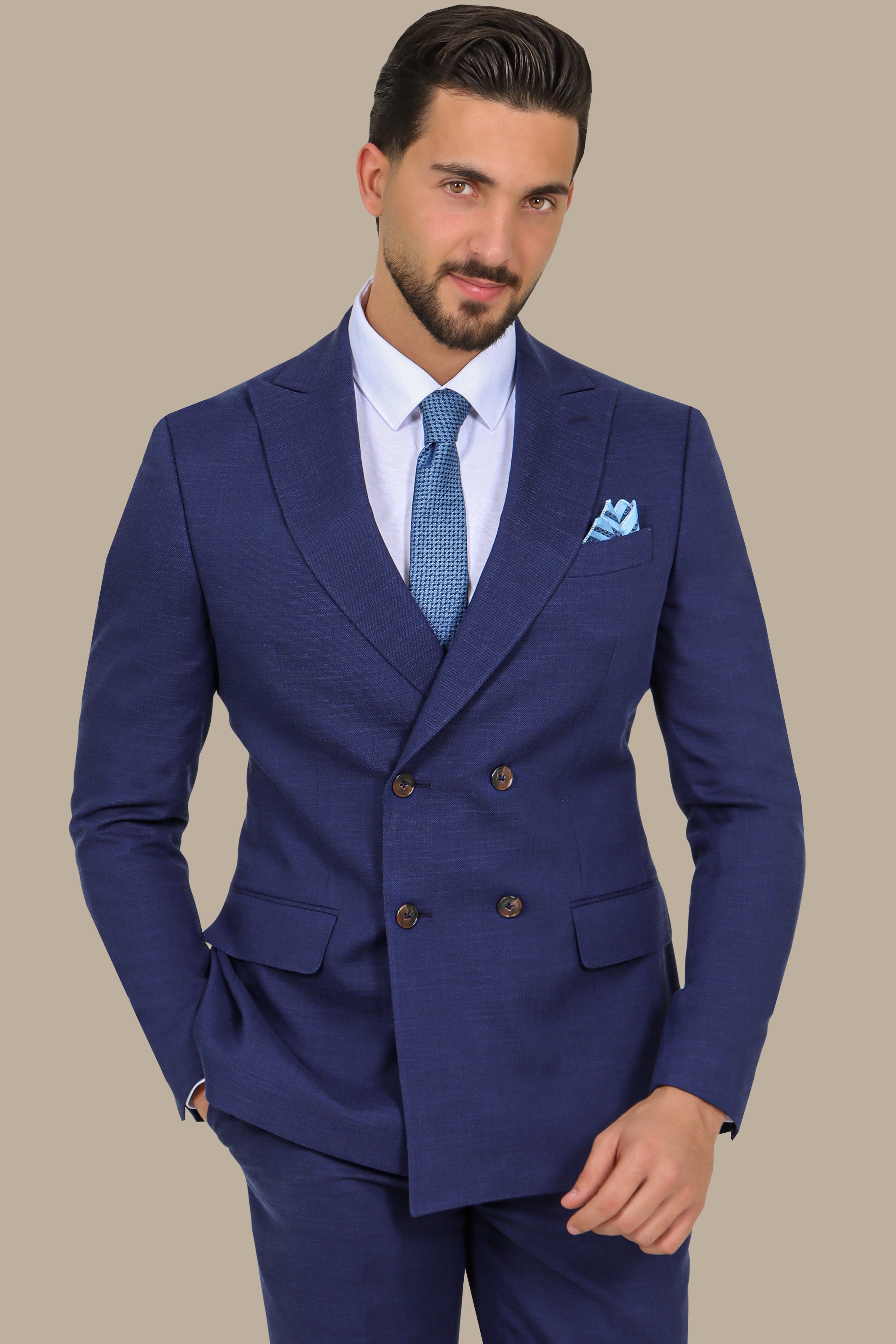 Navy Piquet Double-Breasted Suit with Peak Lapel