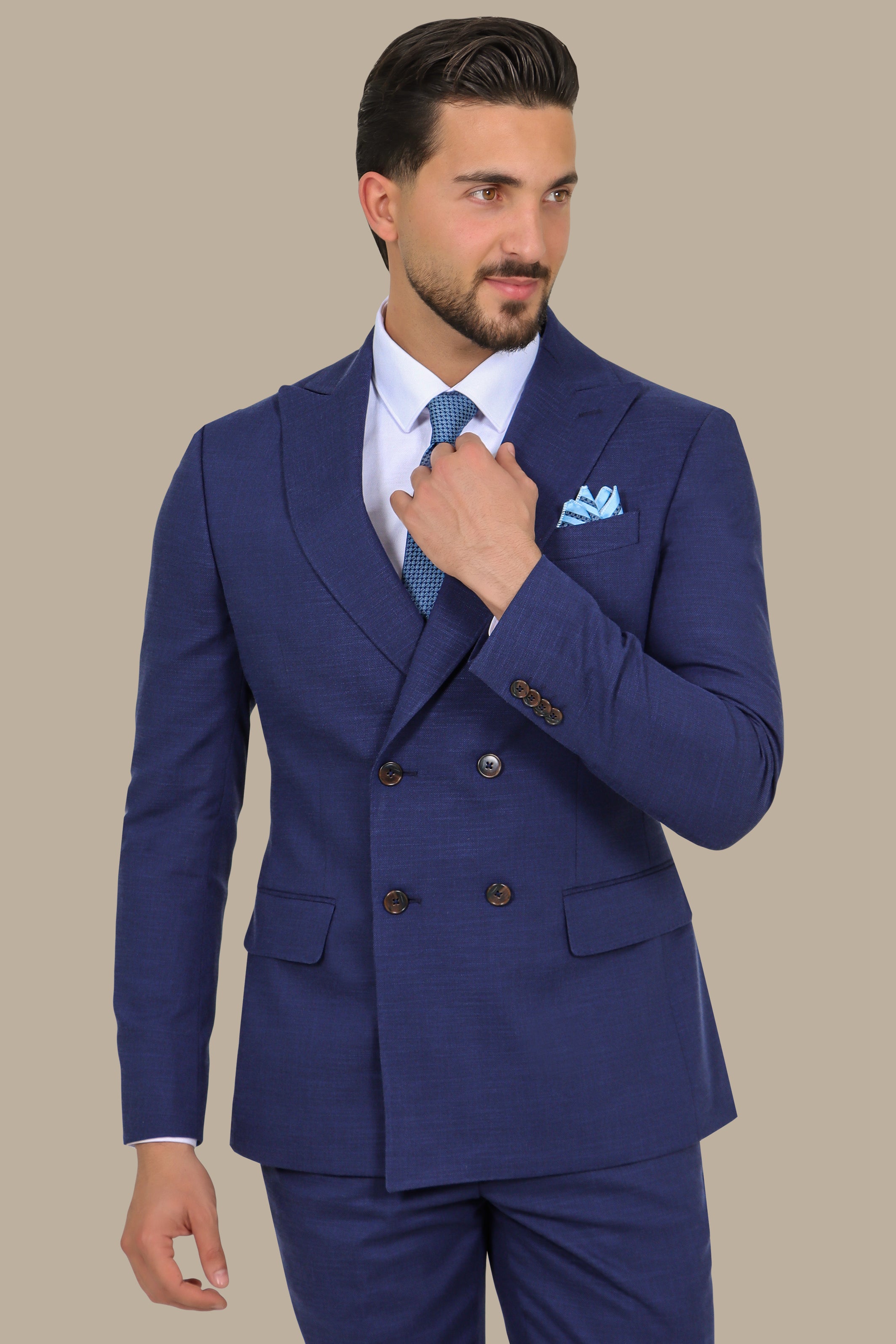 Navy Piquet Double-Breasted Suit with Peak Lapel