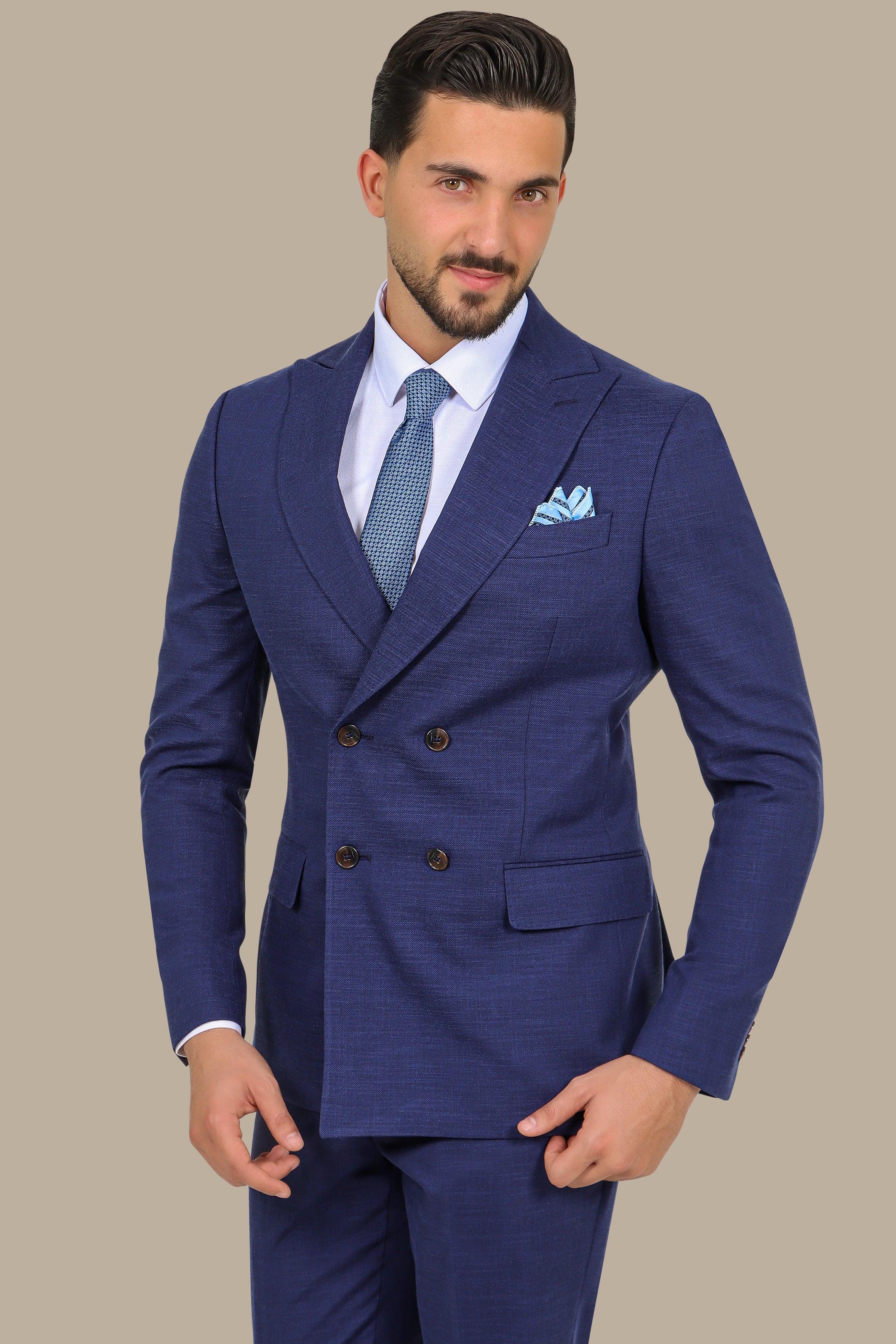 Navy Piquet Double-Breasted Suit with Peak Lapel