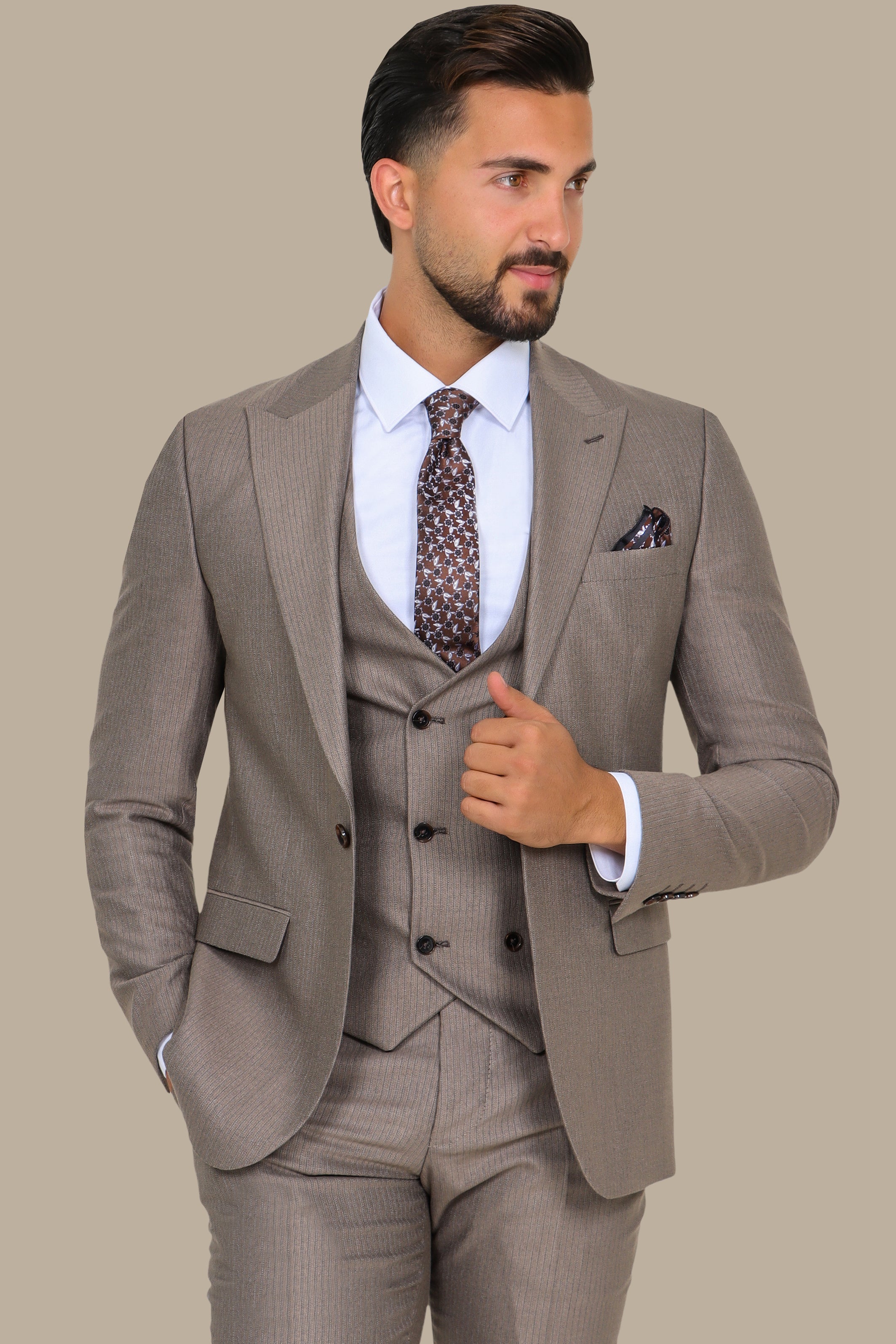 Light Brown Herringbone Slim Fit 3-Piece Suit