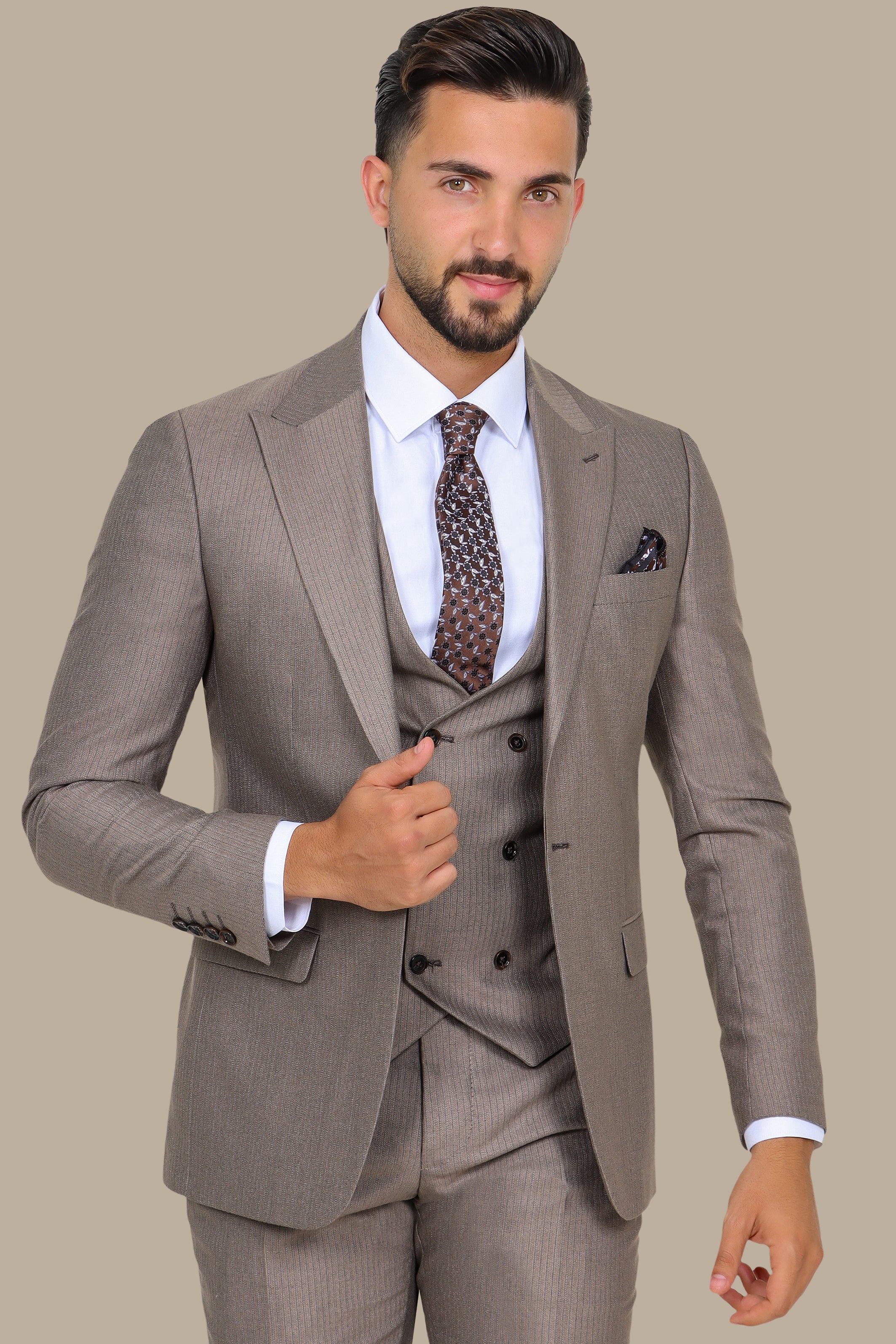 Light Brown Herringbone Slim Fit 3-Piece Suit
