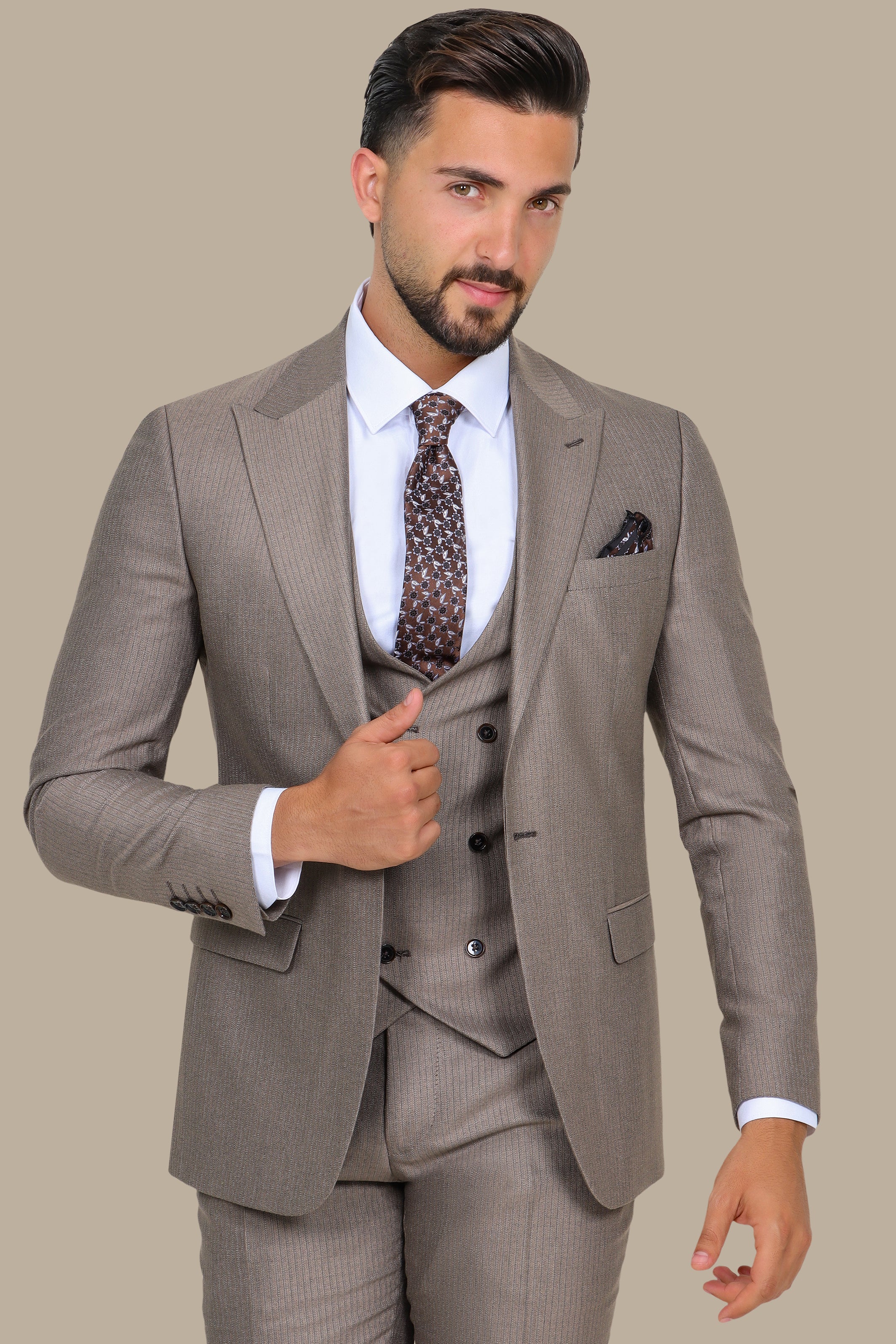 Light Brown Herringbone Slim Fit 3-Piece Suit