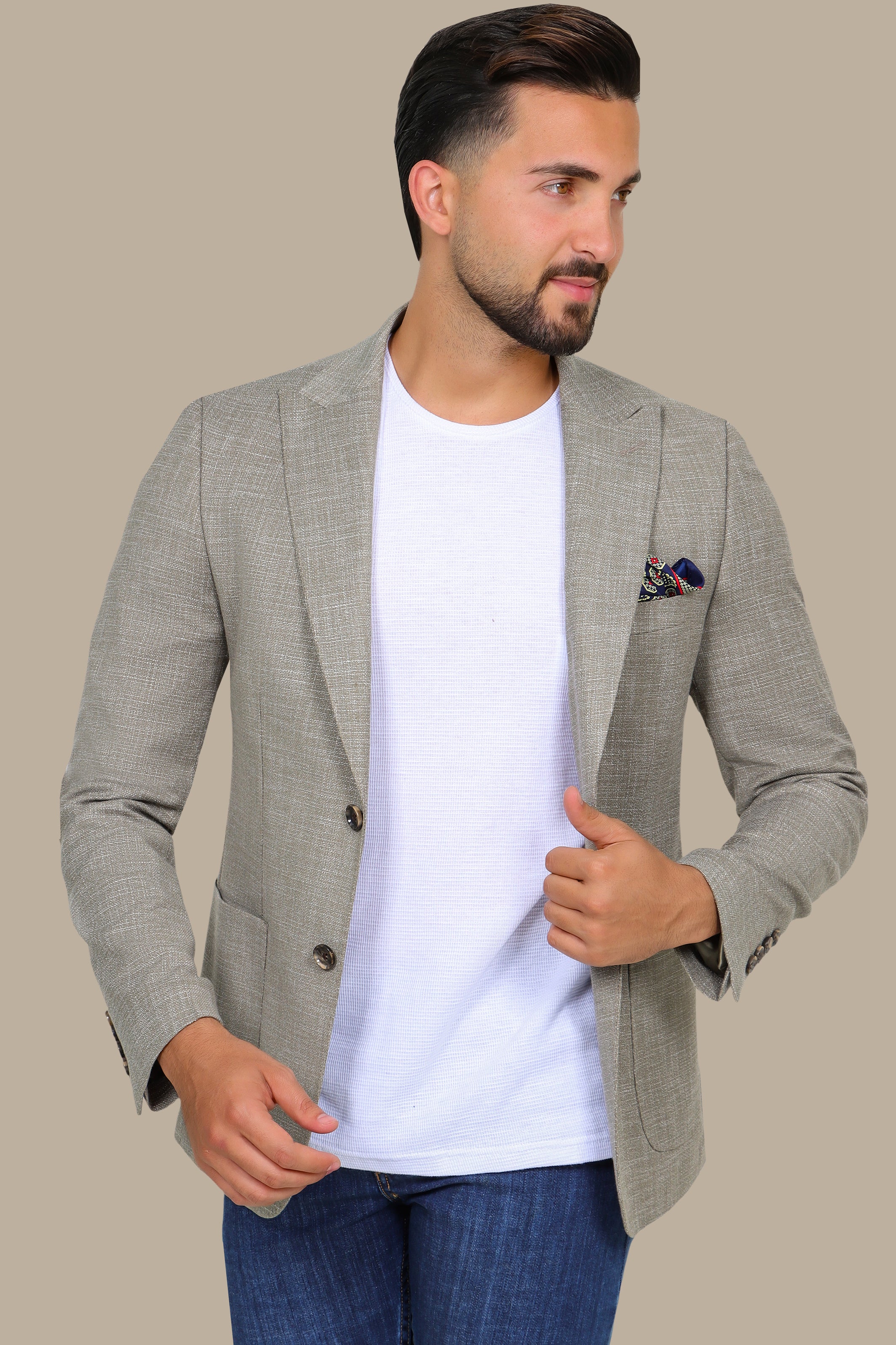 Olive Cotton Fil-a-Fil Blazer with Peak Lapel