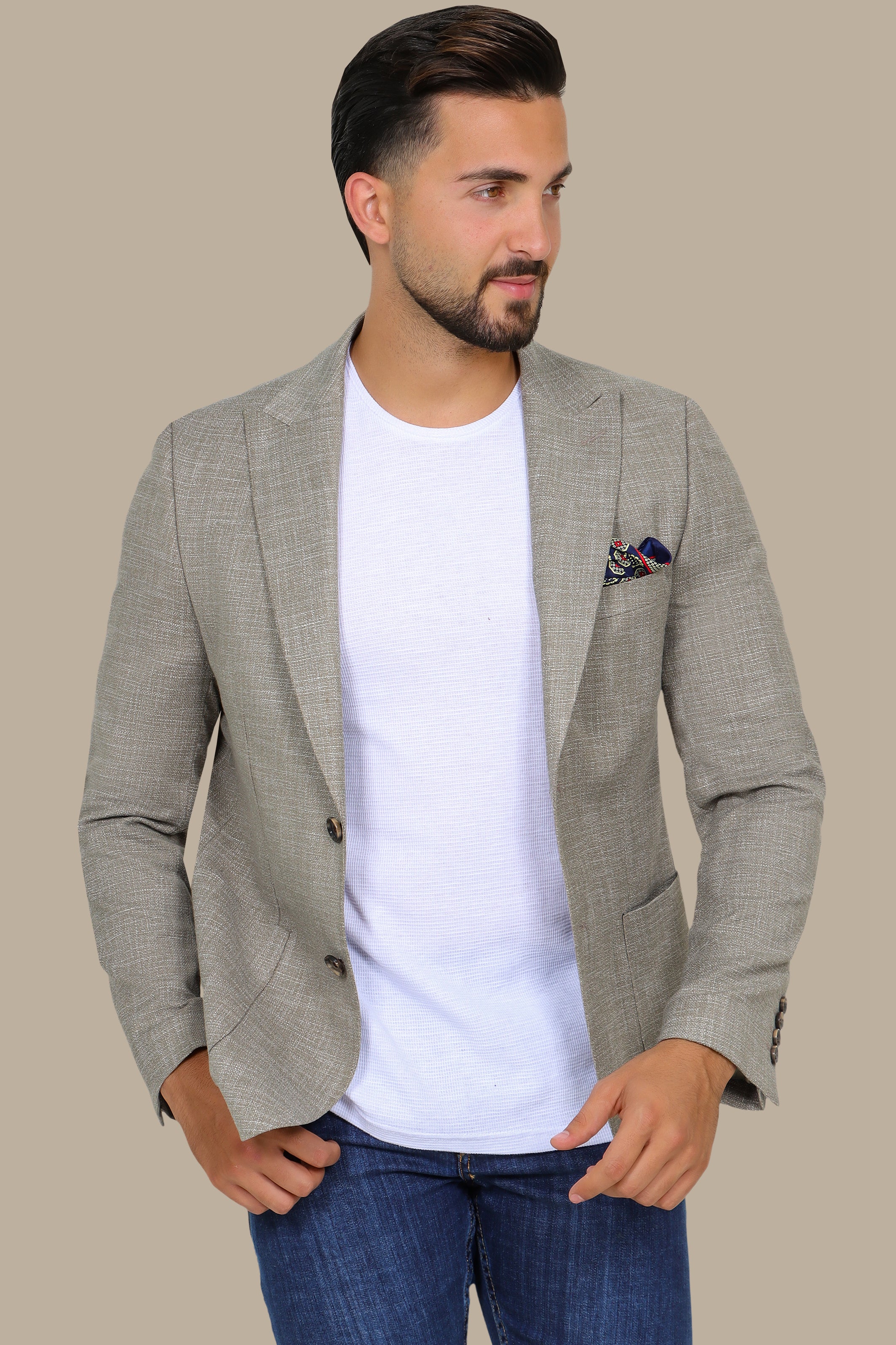 Olive Cotton Fil-a-Fil Blazer with Peak Lapel