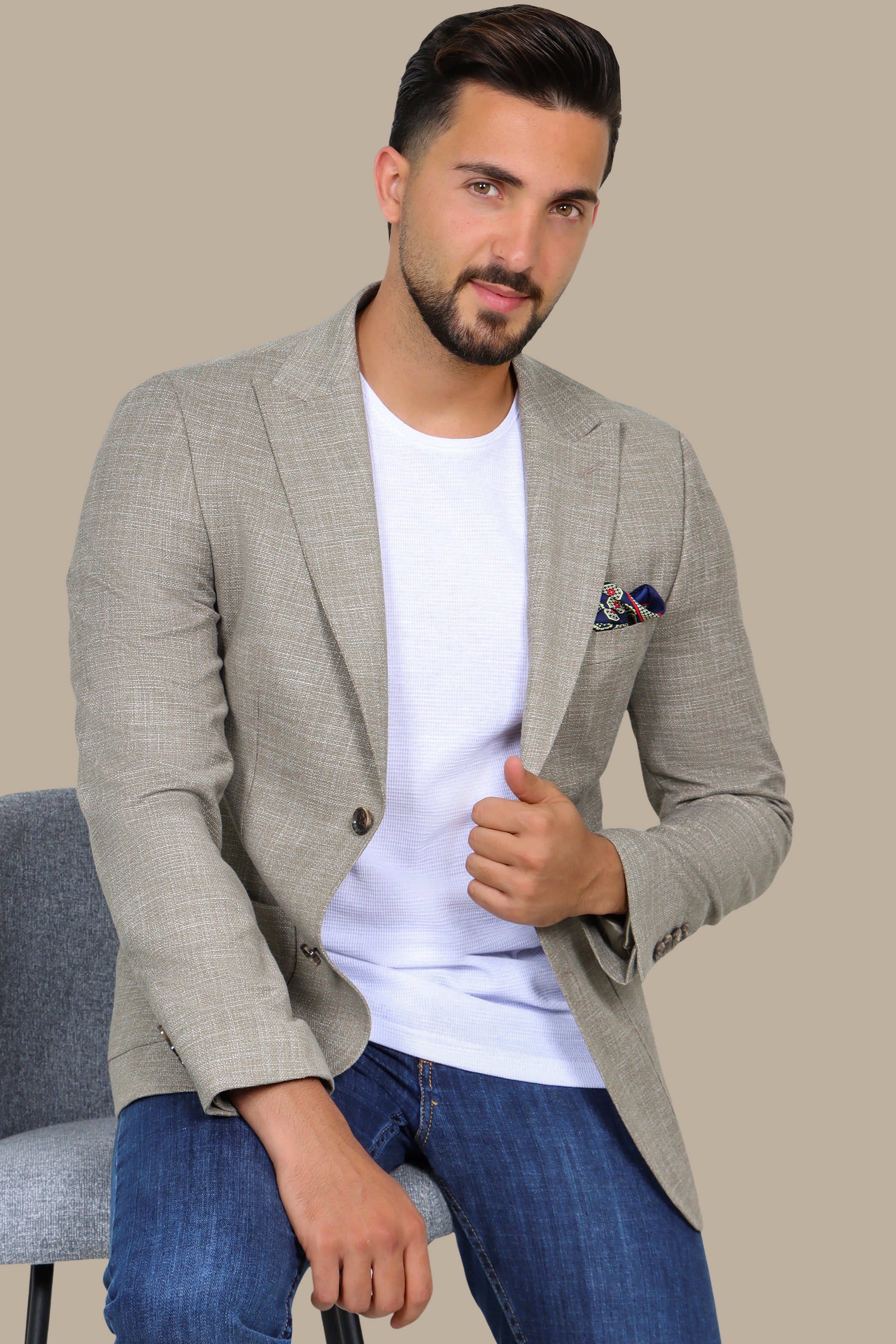 Olive Cotton Fil-a-Fil Blazer with Peak Lapel