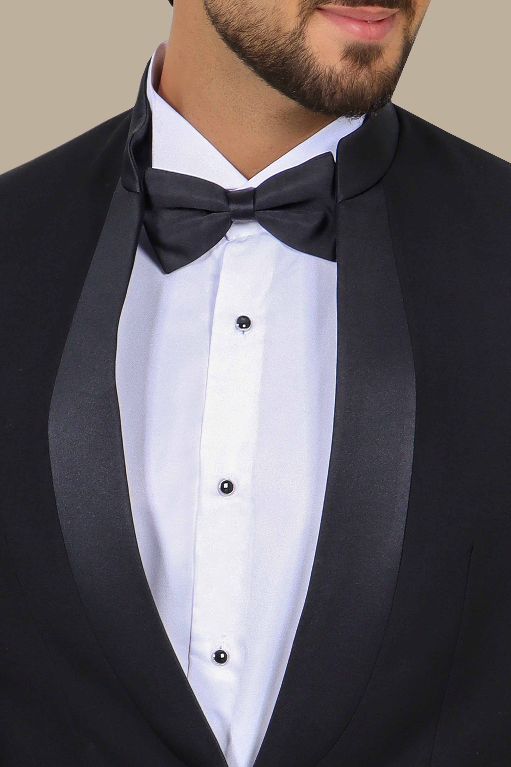 Black Mandarin Collar Tuxedo with Satin Piping