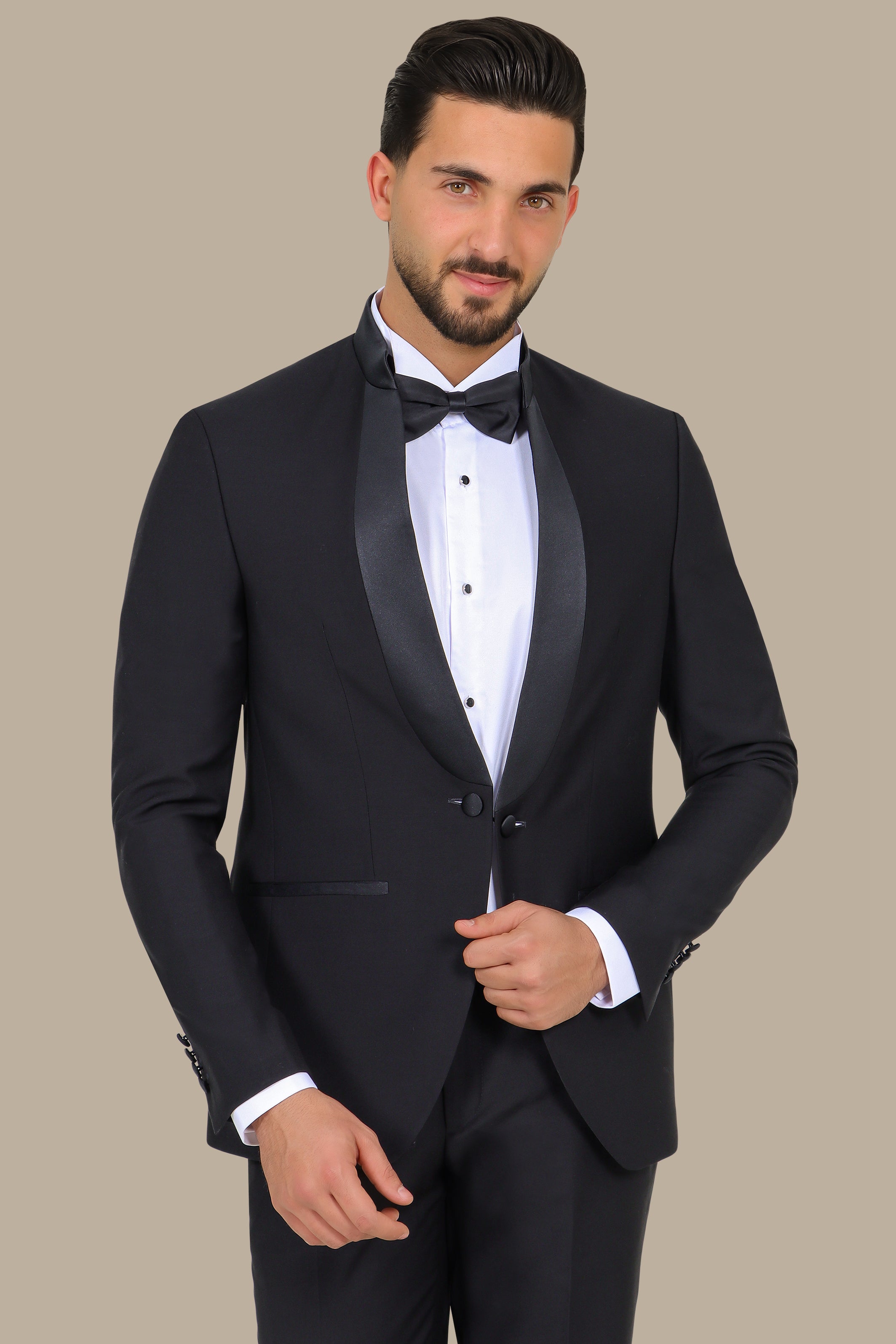 Black Mandarin Collar Tuxedo with Satin Piping