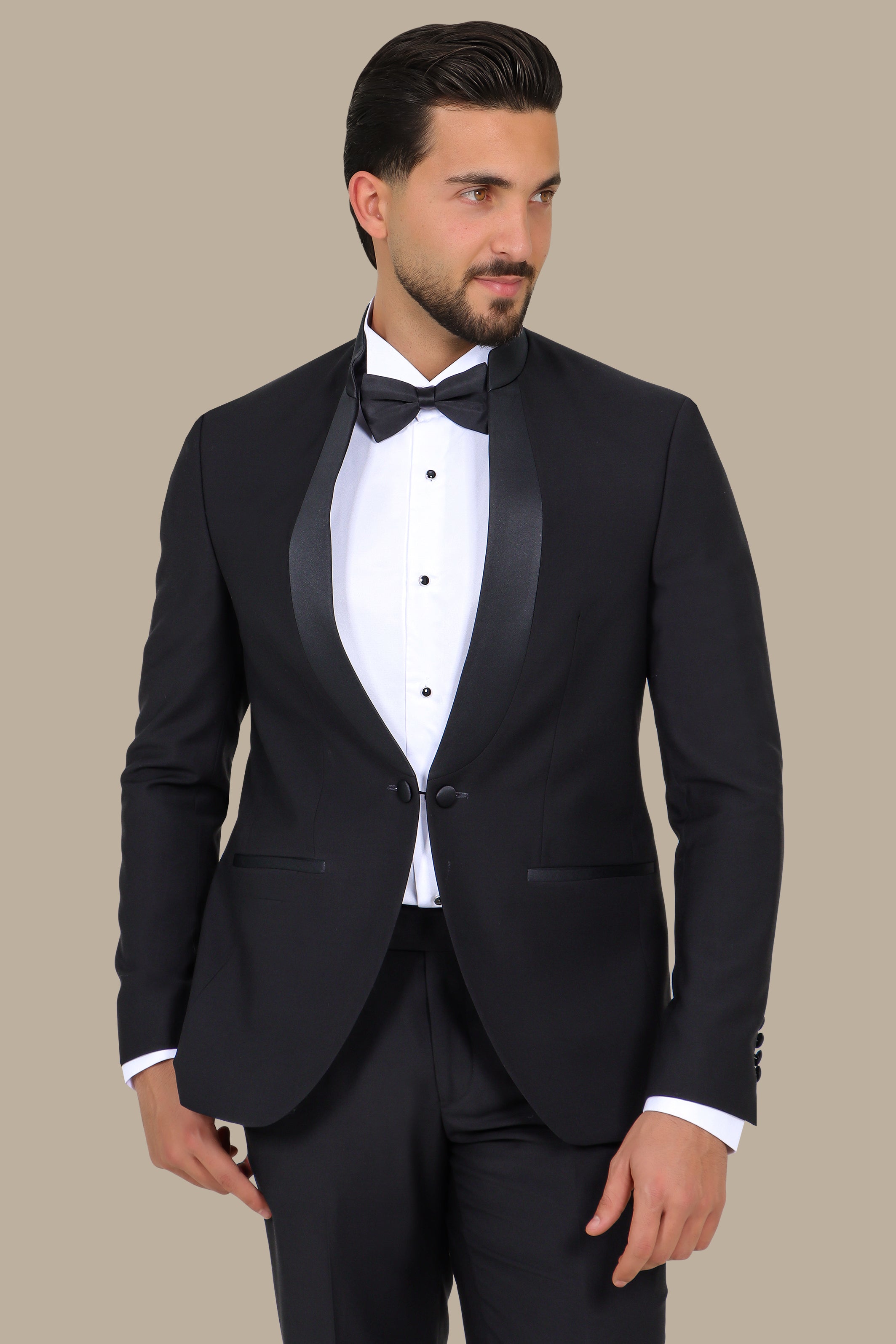 Black Mandarin Collar Tuxedo with Satin Piping