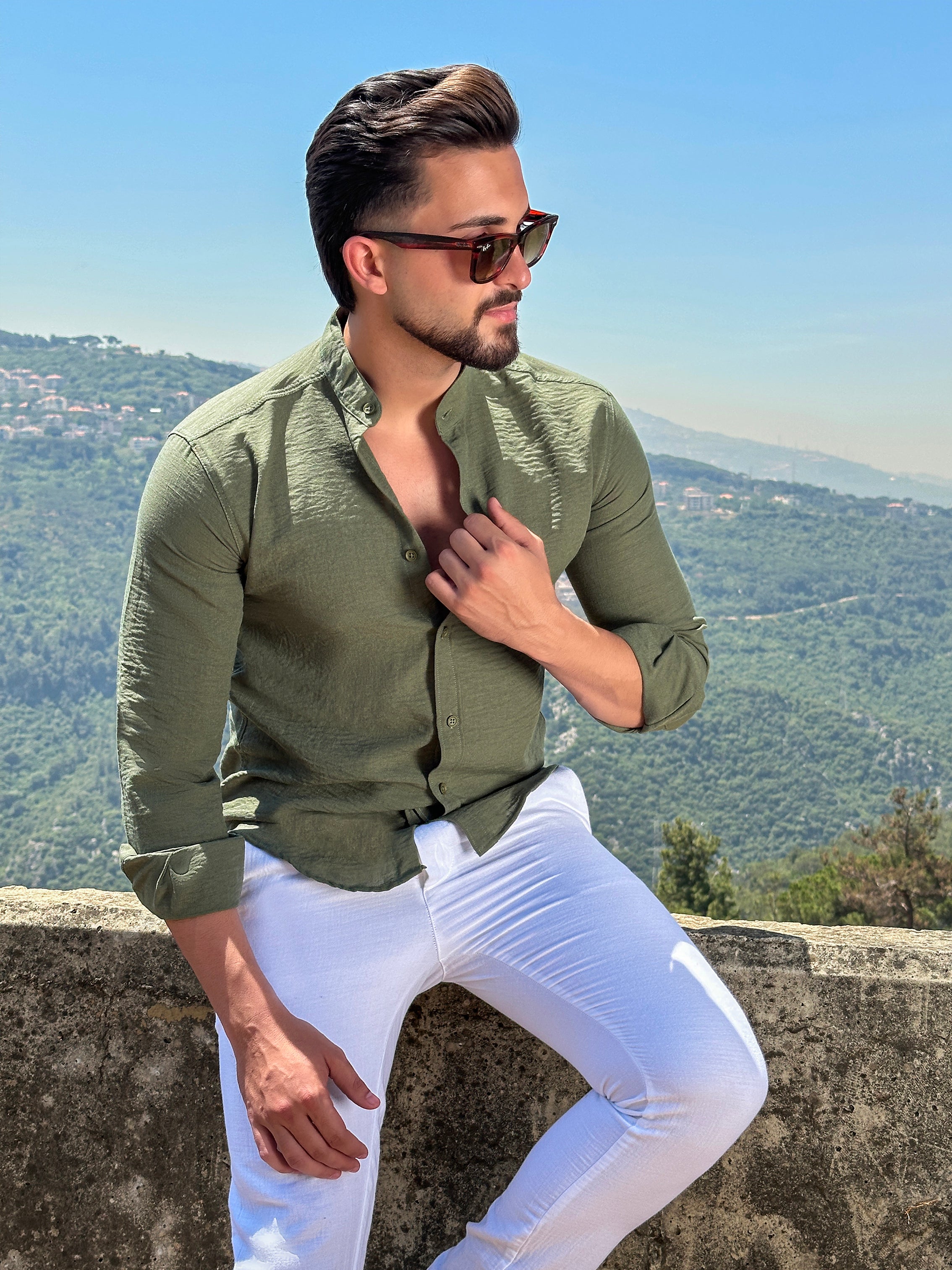 Khaki Linen Aerobin Shirt with Mao Collar