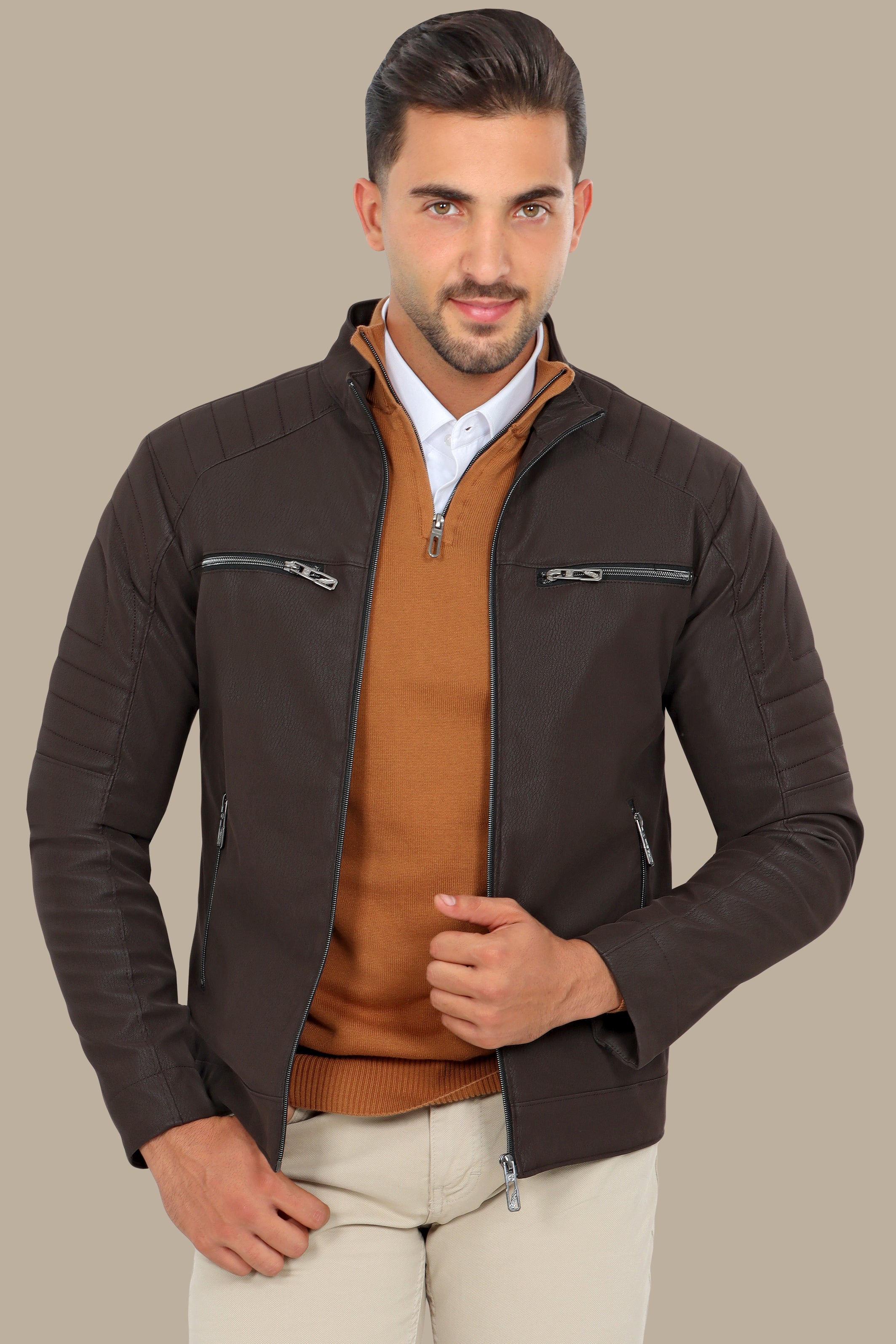Rugged Elegance: Brown Faux Leather Biker Jacket with Four Zippers