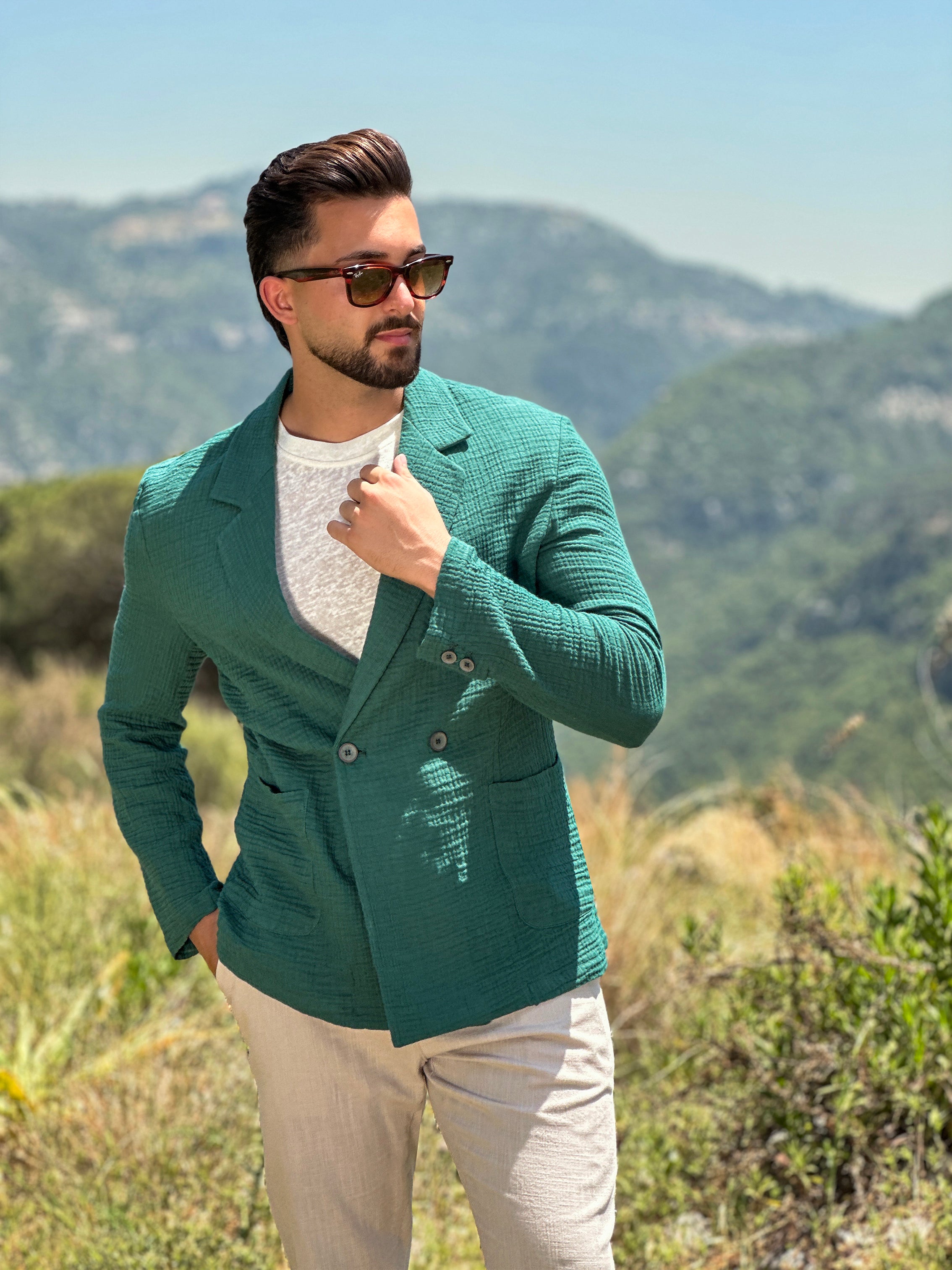 Green Linen Double-Breasted Blazer with Notch Lapel