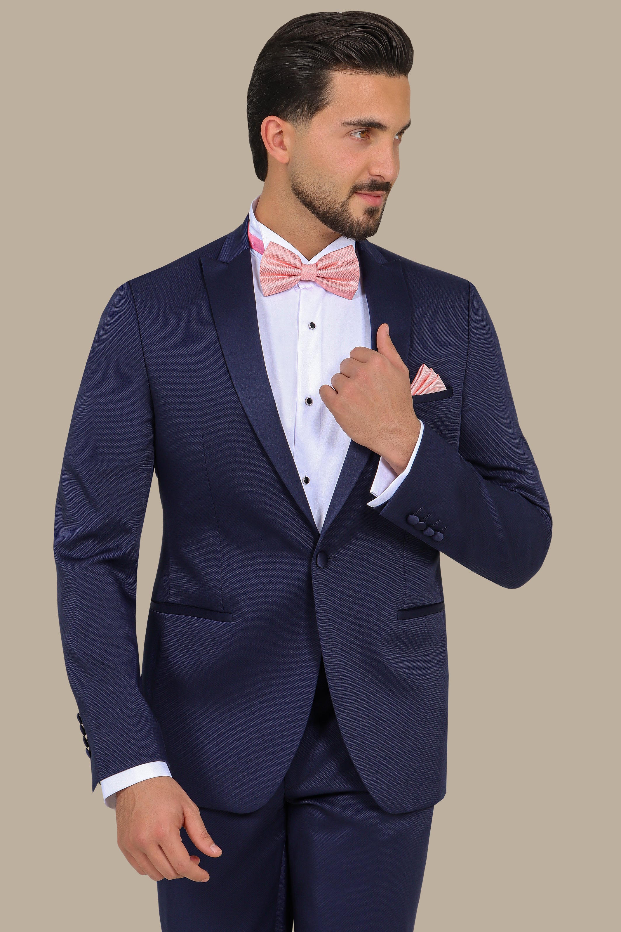 Midnight Elegance: Navy Tuxedo with Peak Lapel