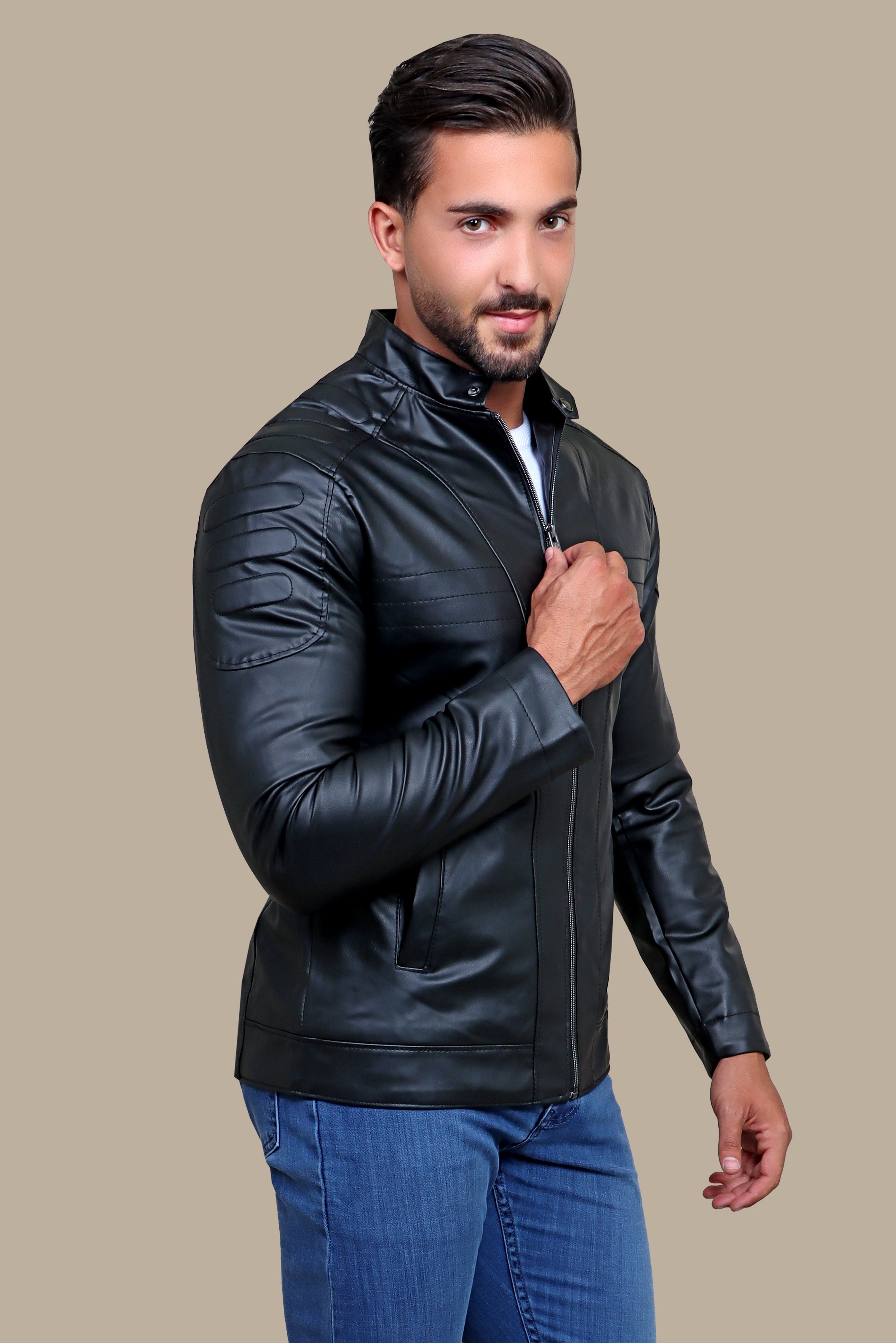 Sleek Sophistication: Black Faux Leather Biker Jacket with Mao Collar