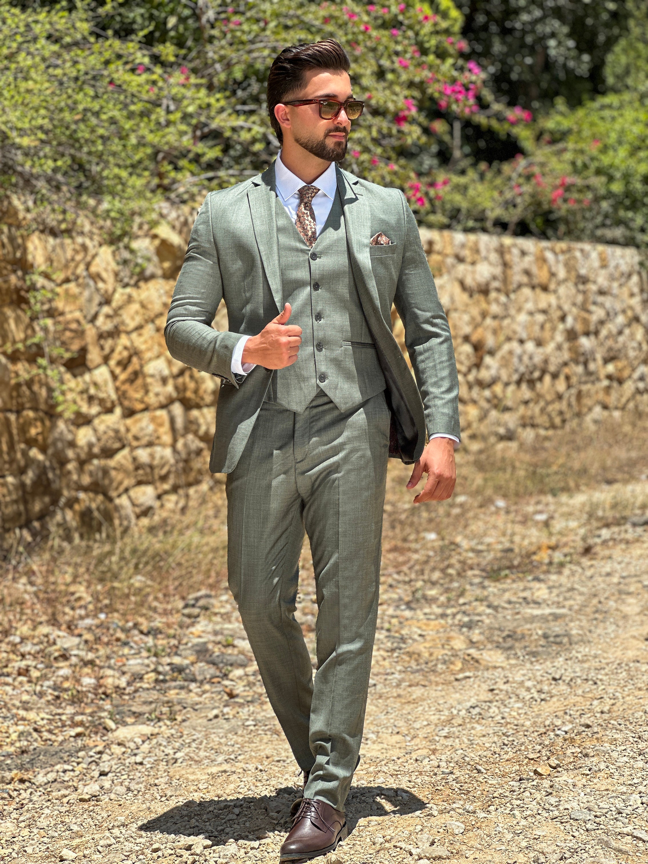 Olive Fil-à-Fil 3-Piece Suit with Notch Lapel