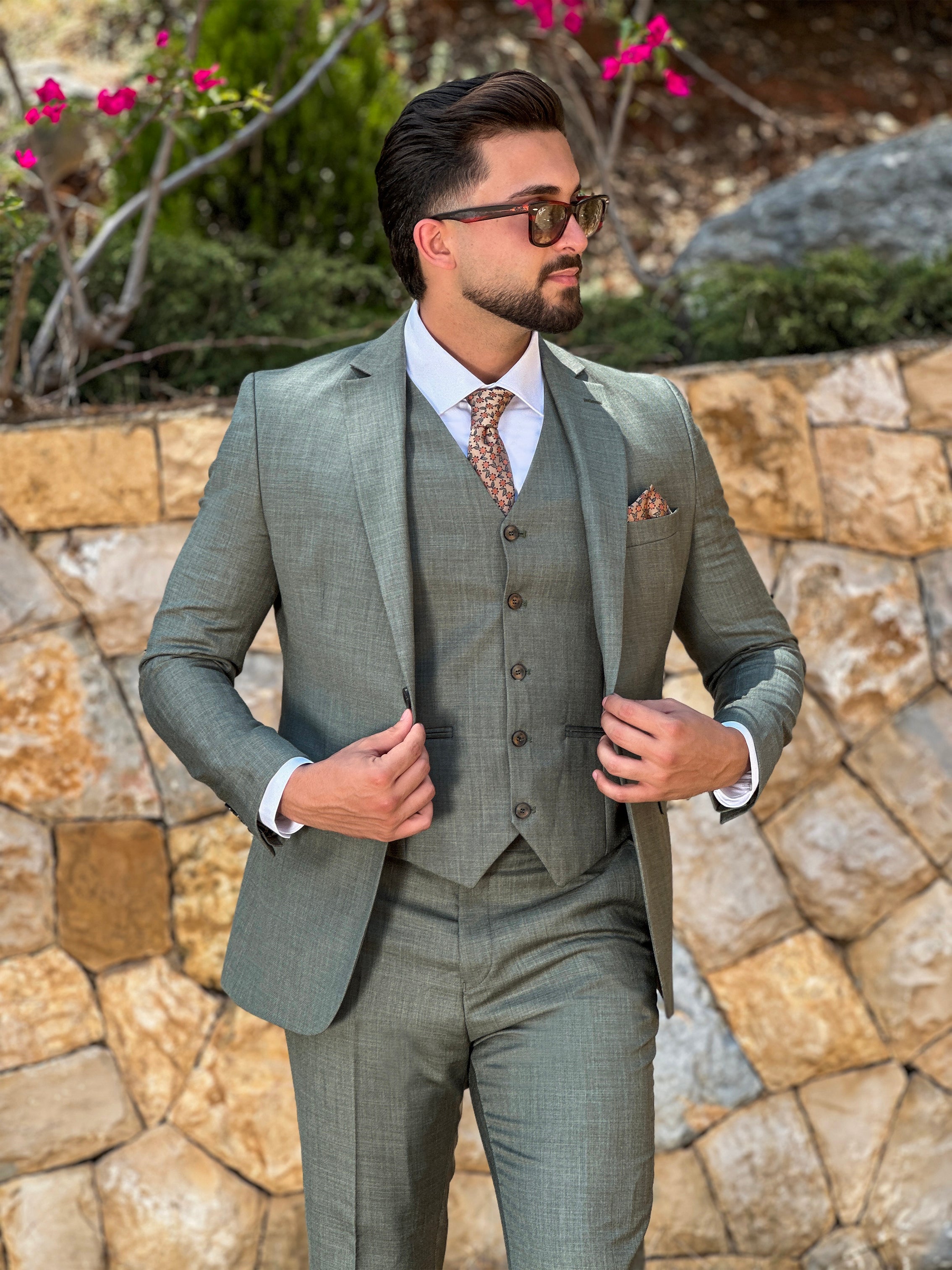 Olive Fil-à-Fil 3-Piece Suit with Notch Lapel