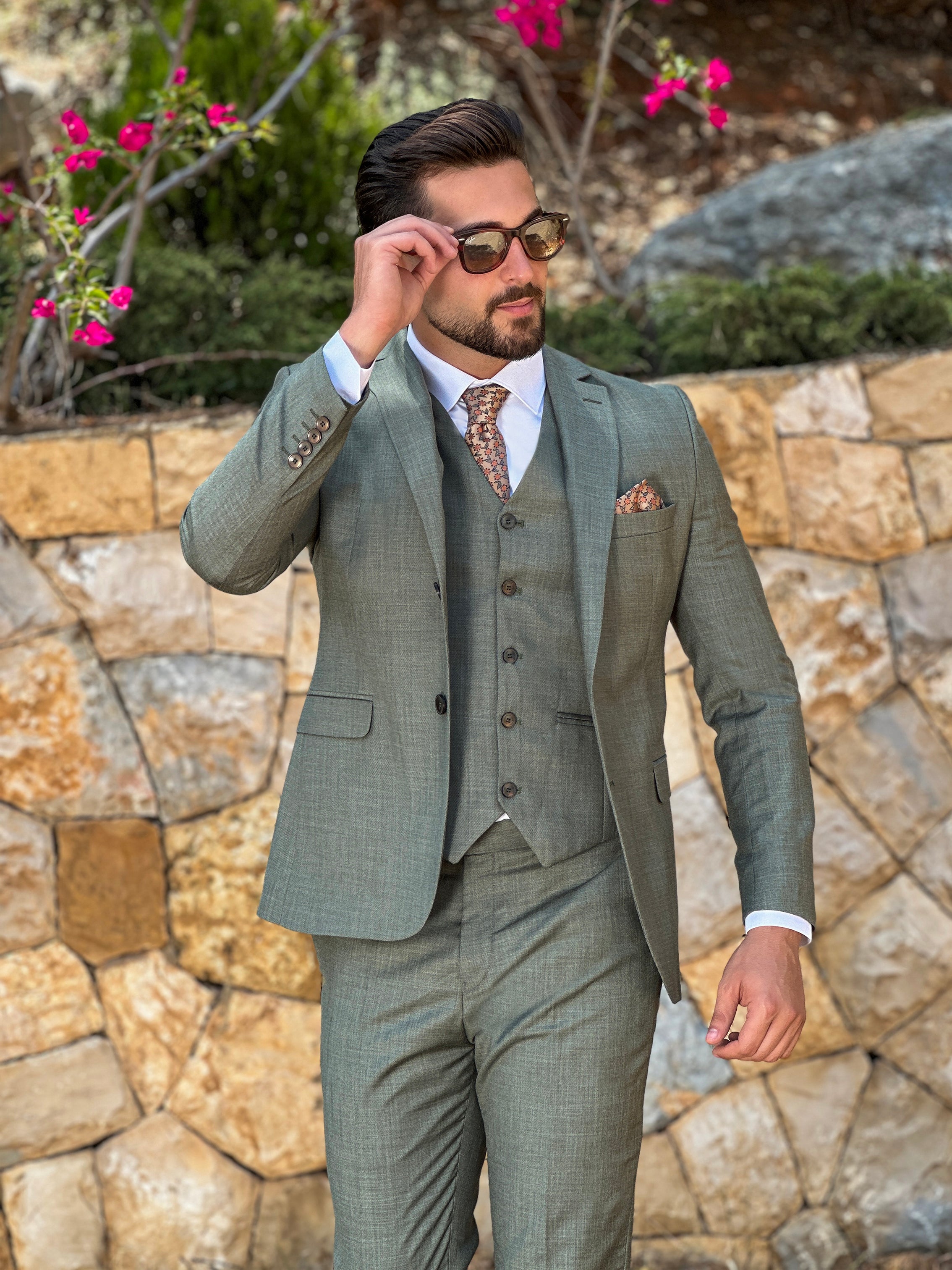 Olive Fil-à-Fil 3-Piece Suit with Notch Lapel