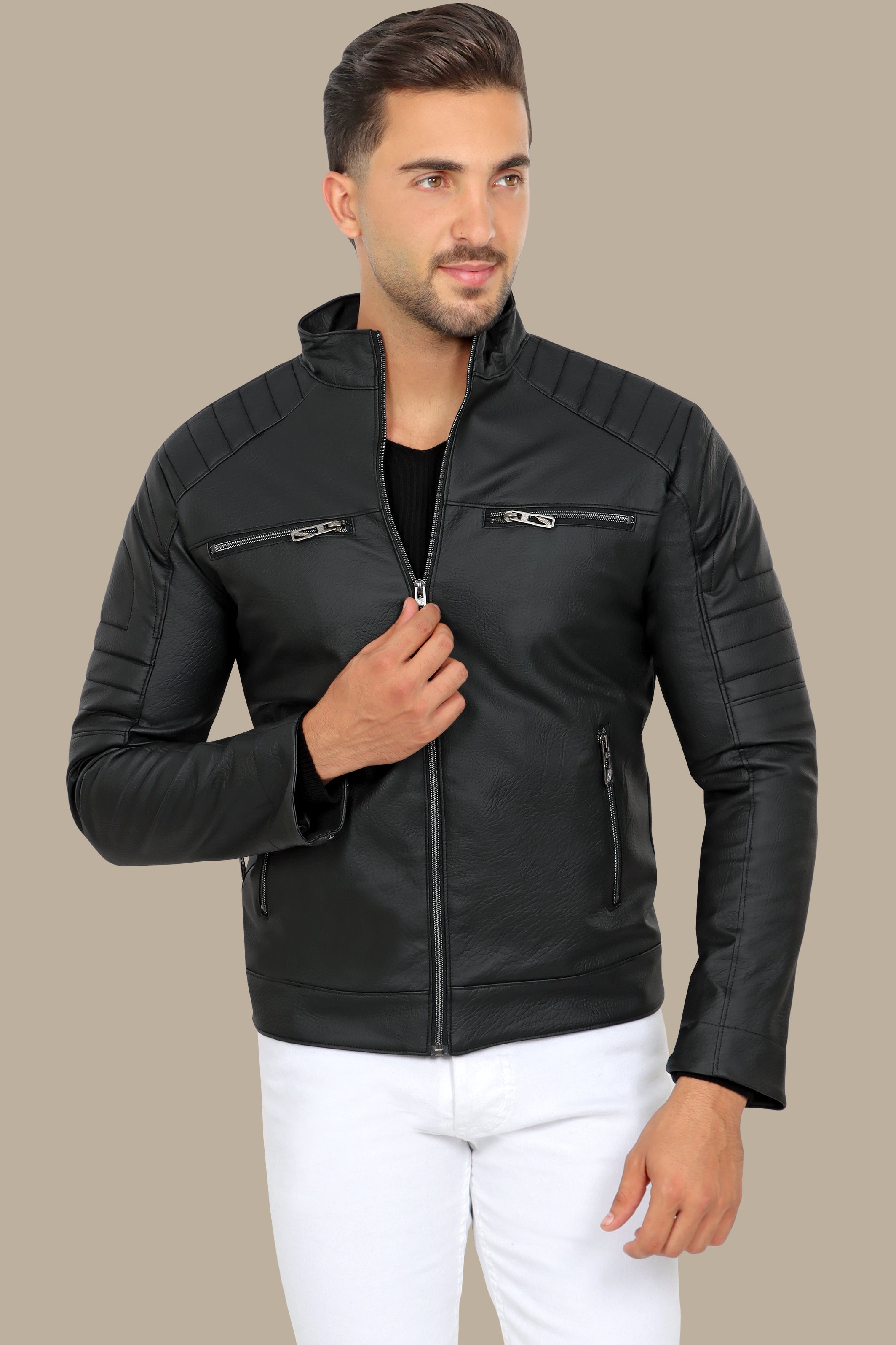 Rugged Elegance Black Faux Leather Biker Jacket with Four Zippers