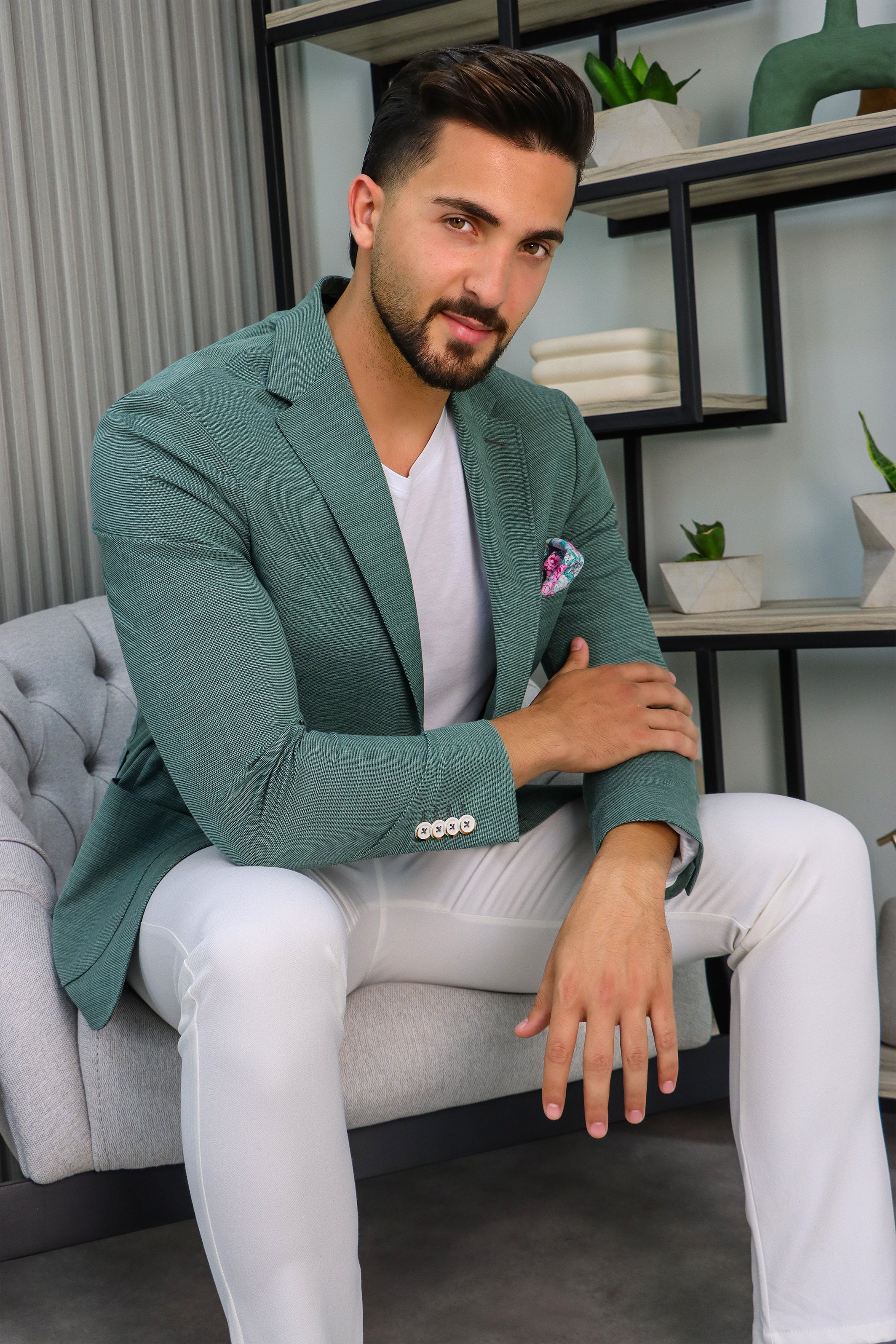 Green Slim Fit Blazer with Notch Lapel