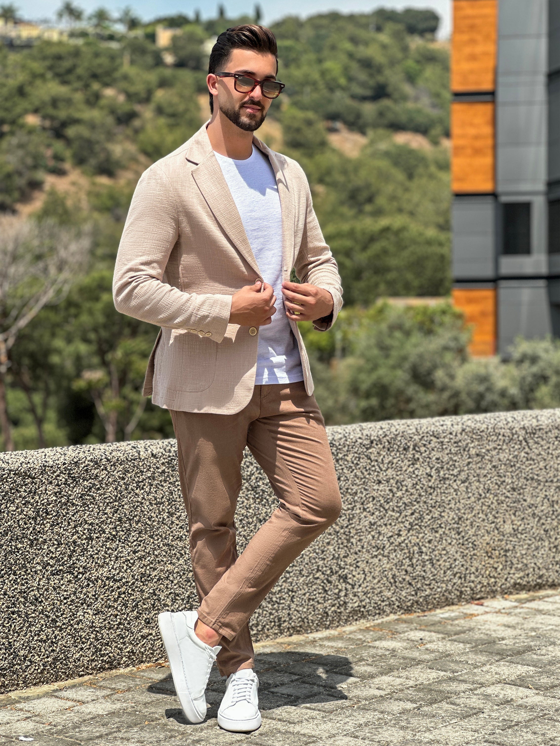 Beige Linen Blazer with Notch Lapel