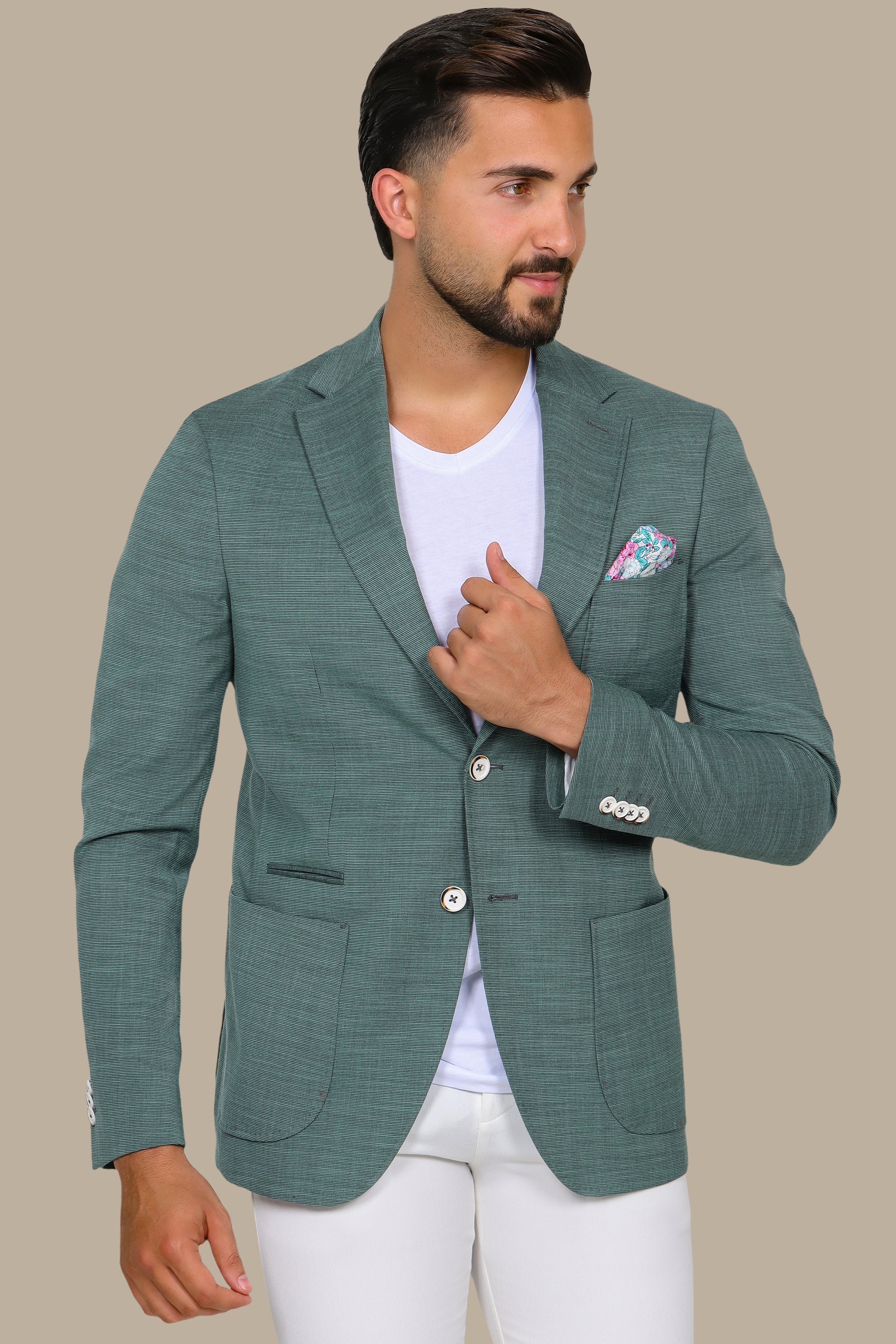 Green Slim Fit Blazer with Notch Lapel