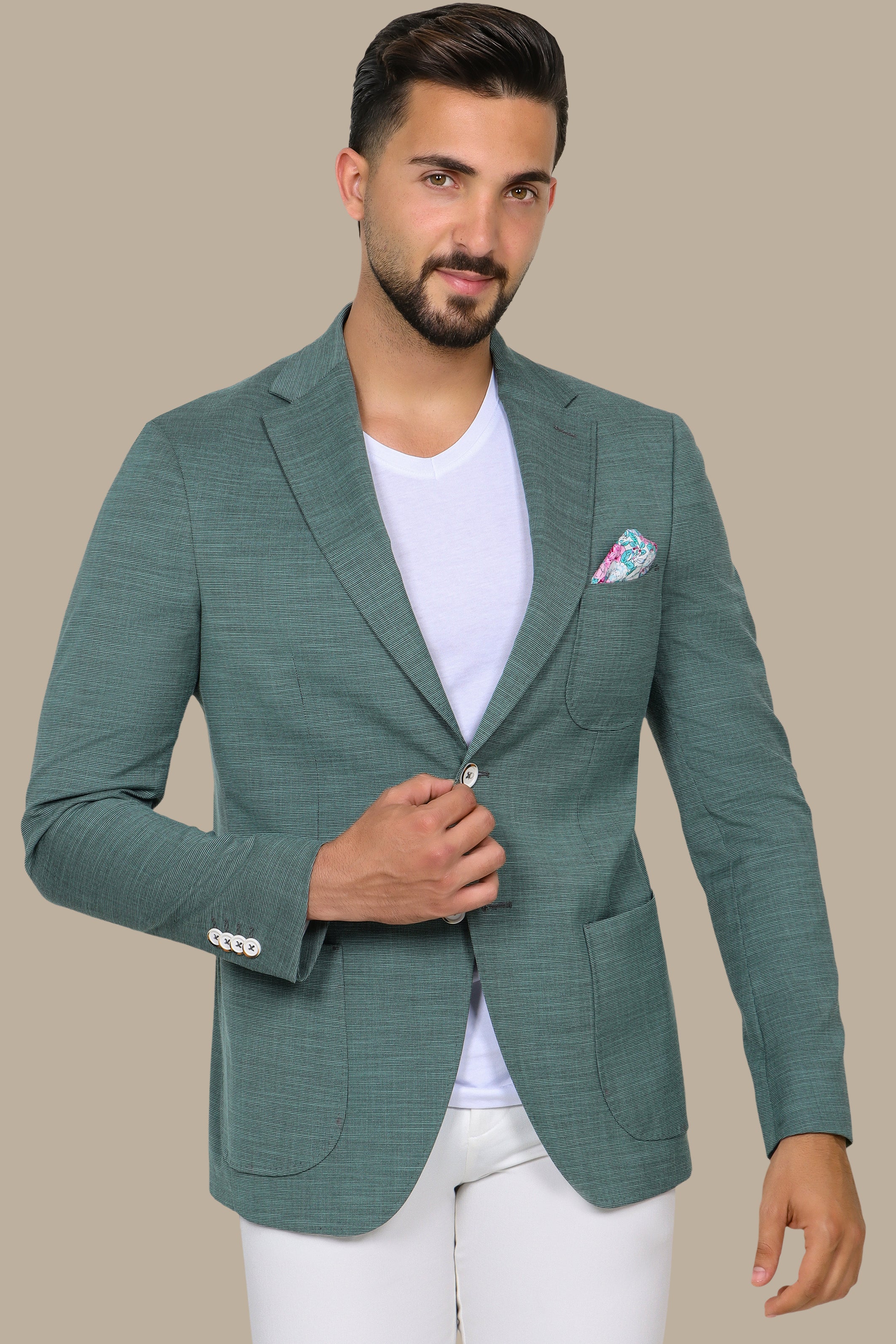 Green Slim Fit Blazer with Notch Lapel