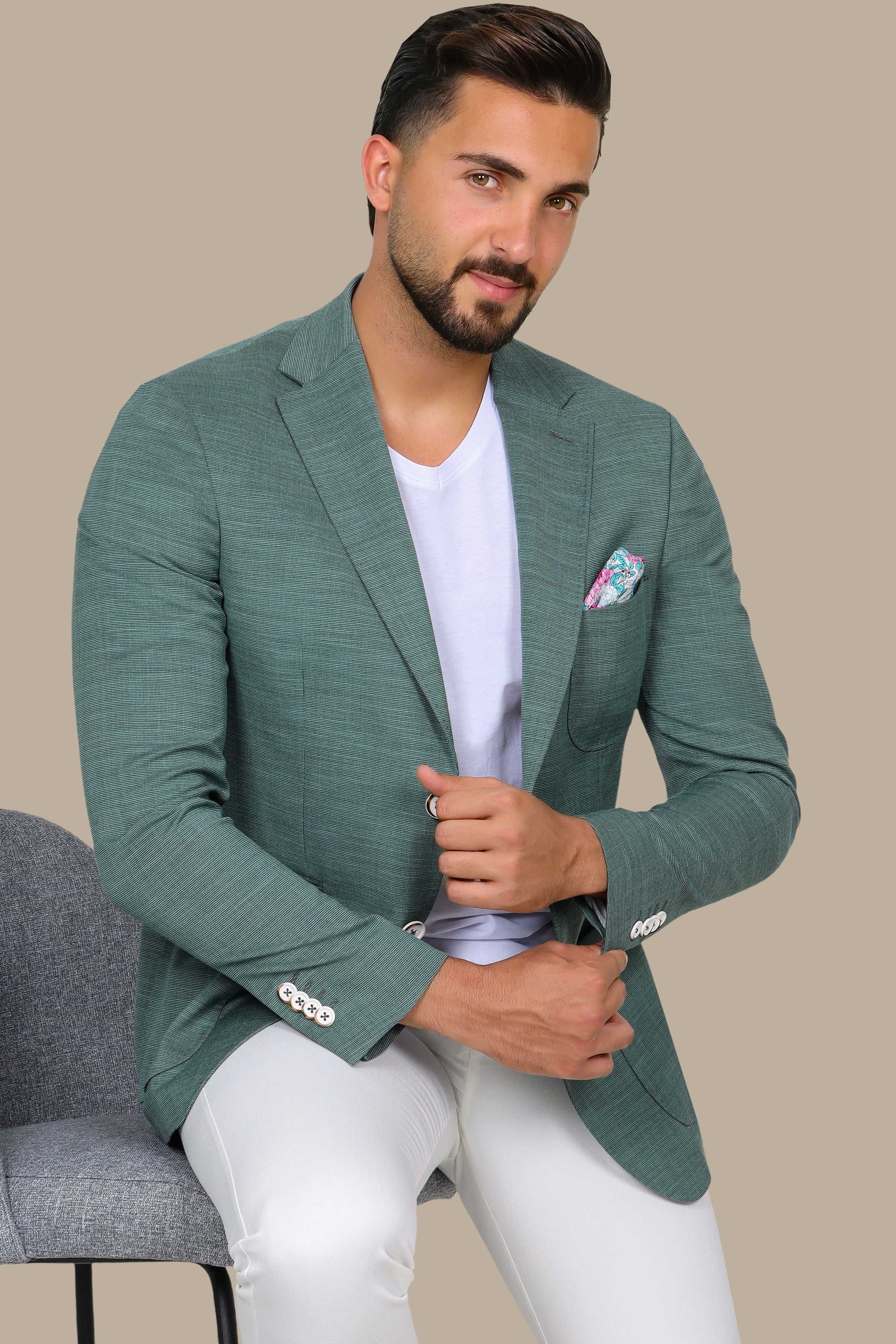 Green Slim Fit Blazer with Notch Lapel