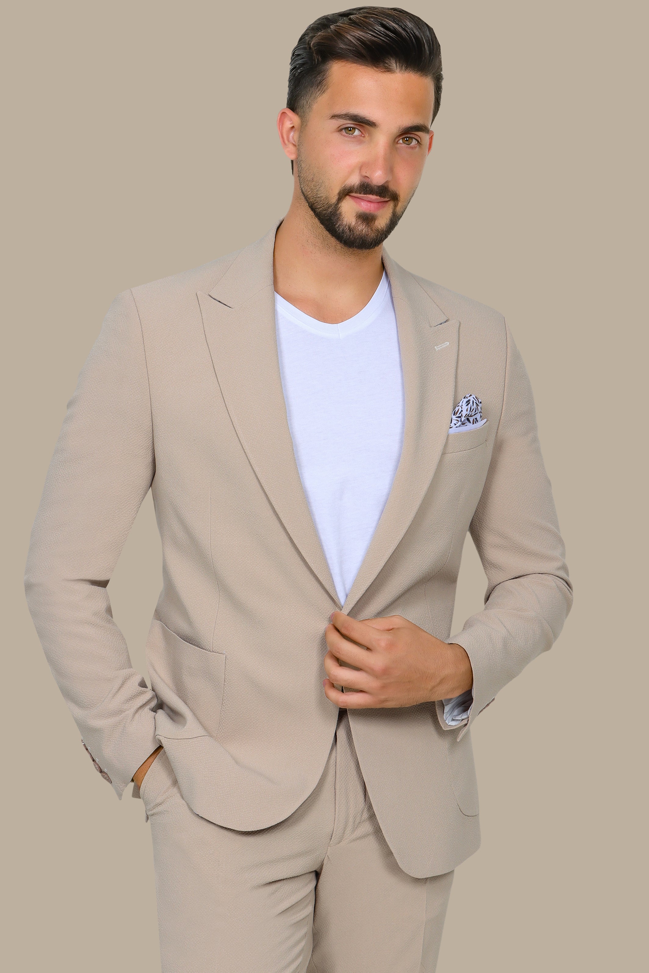 Beige Travel Suit: Structured with Peak Lapel