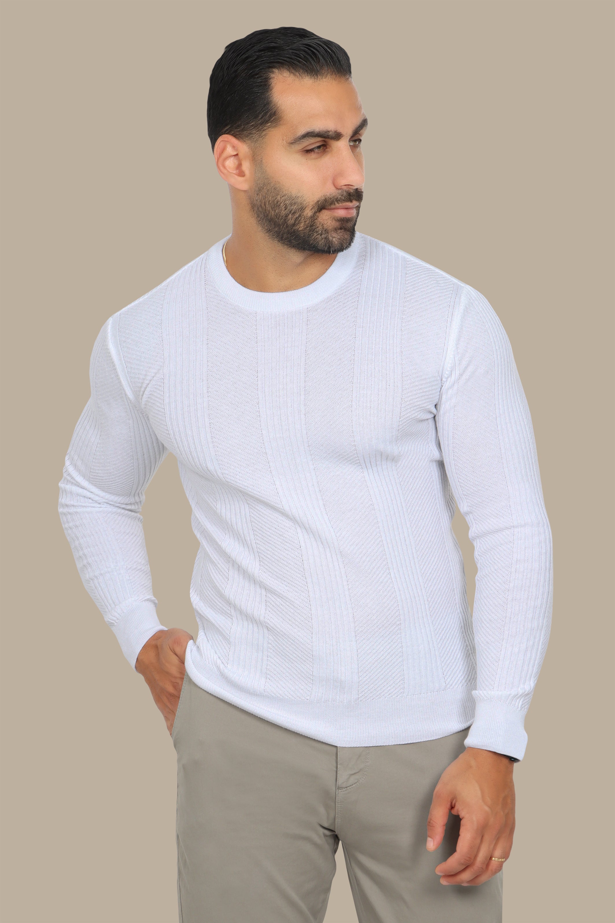 White Structured Sweater with 3 Wide Lines