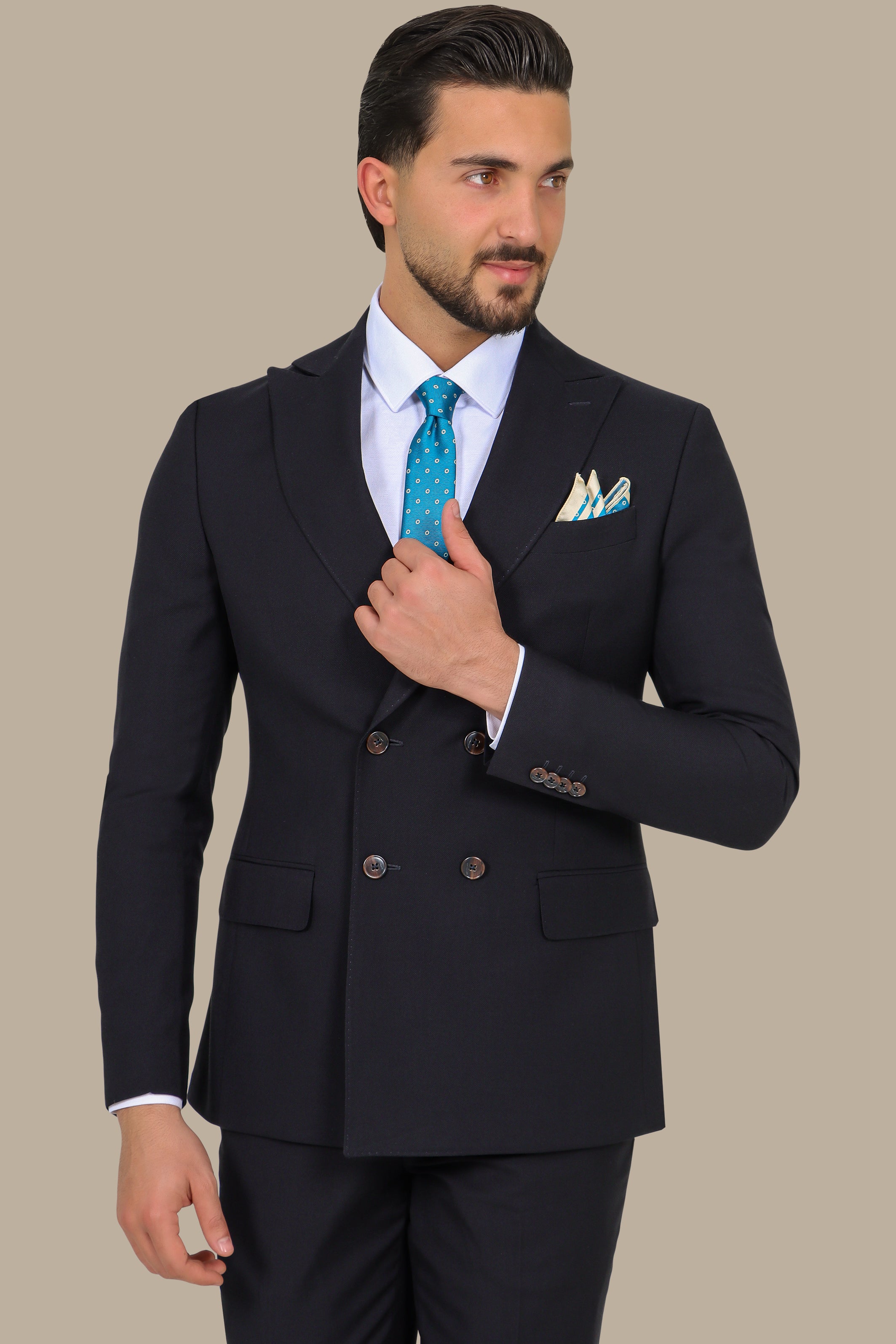 Black Piquet Double-Breasted Suit with Peak Lapel