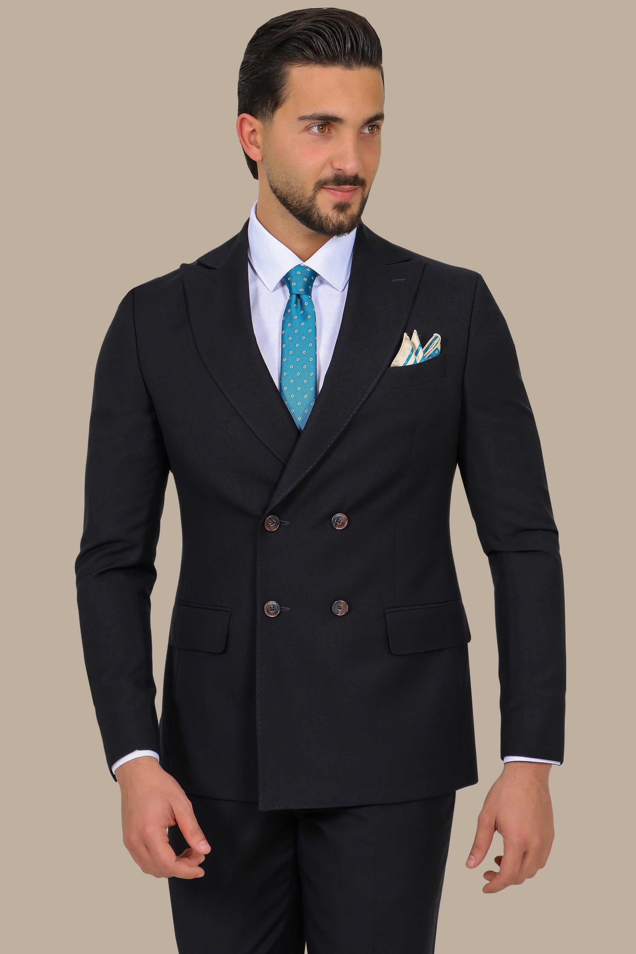 Black Piquet Double-Breasted Suit with Peak Lapel