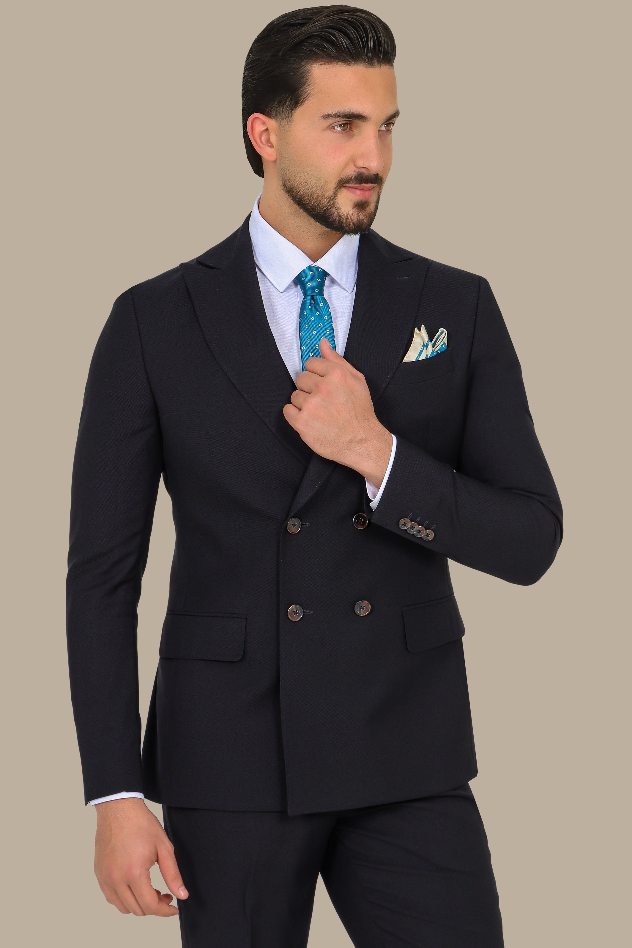 Black Piquet Double-Breasted Suit with Peak Lapel